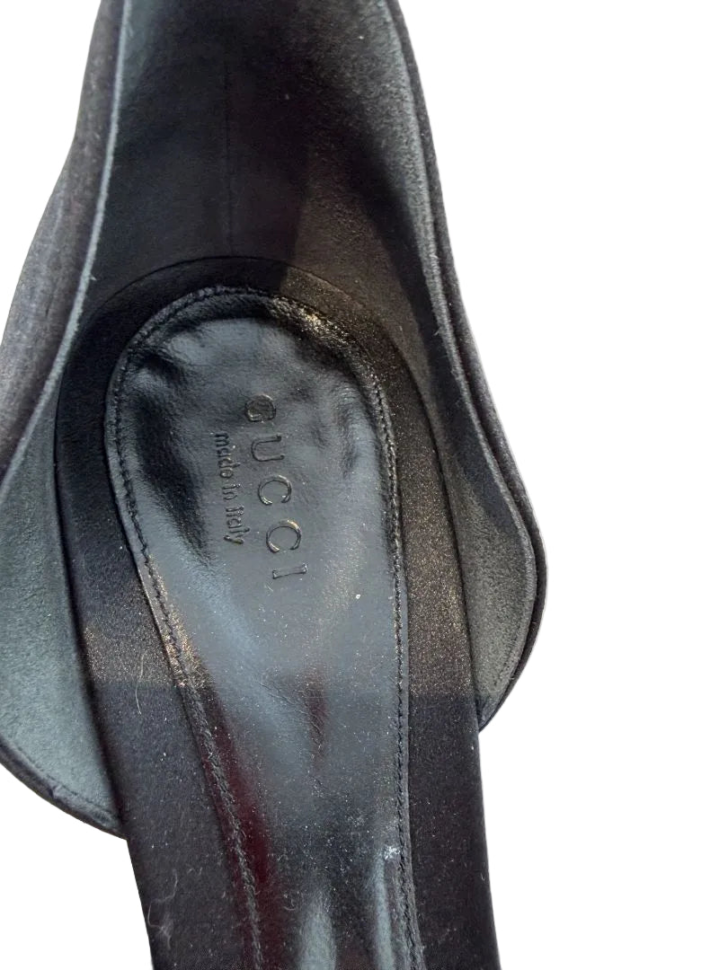 Gucci black satin peep toe D'Orsay evening heels with crystal horse bit detail