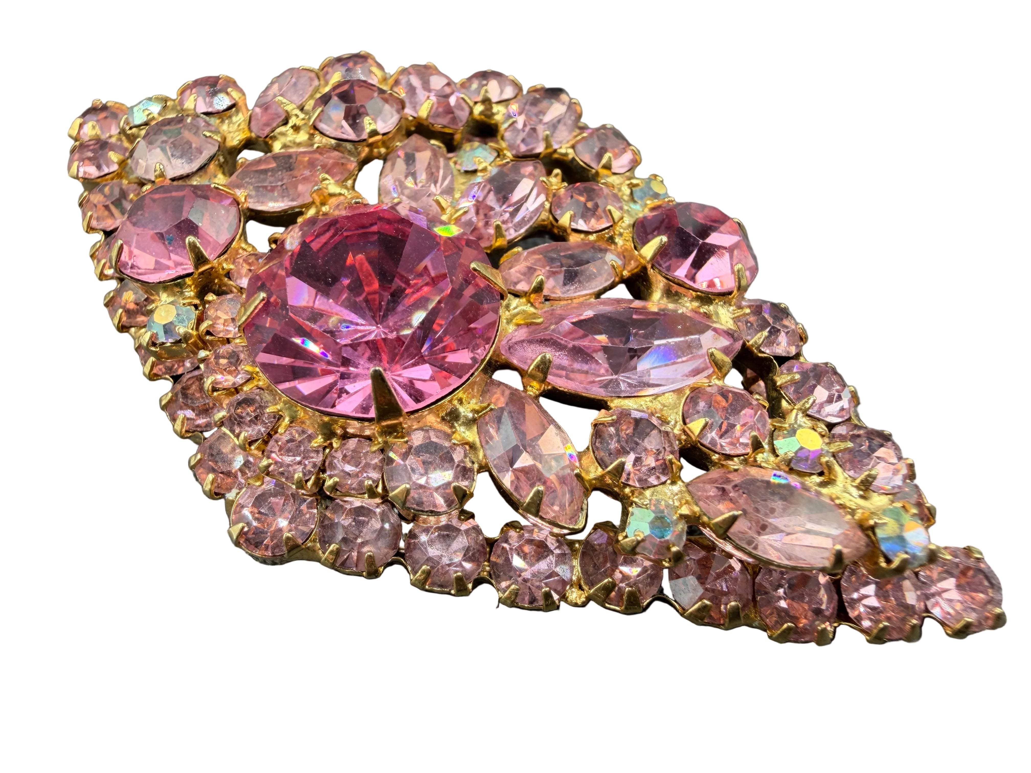 1950s Juliana by DeLizza & Elster Diamond-Shaped Brooch with AB, Pale Pink & Bright Pink Austrian Crystals