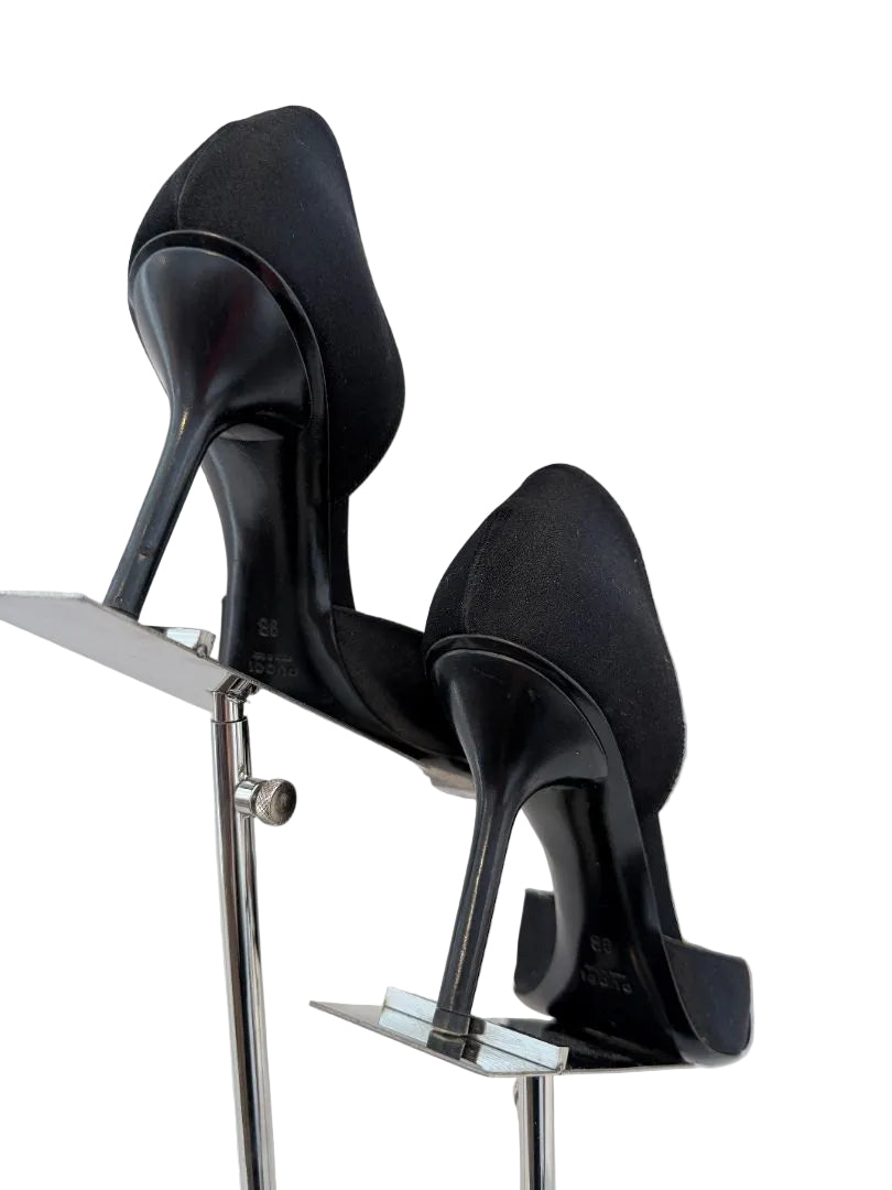 Gucci black satin peep toe D'Orsay evening heels with crystal horse bit detail