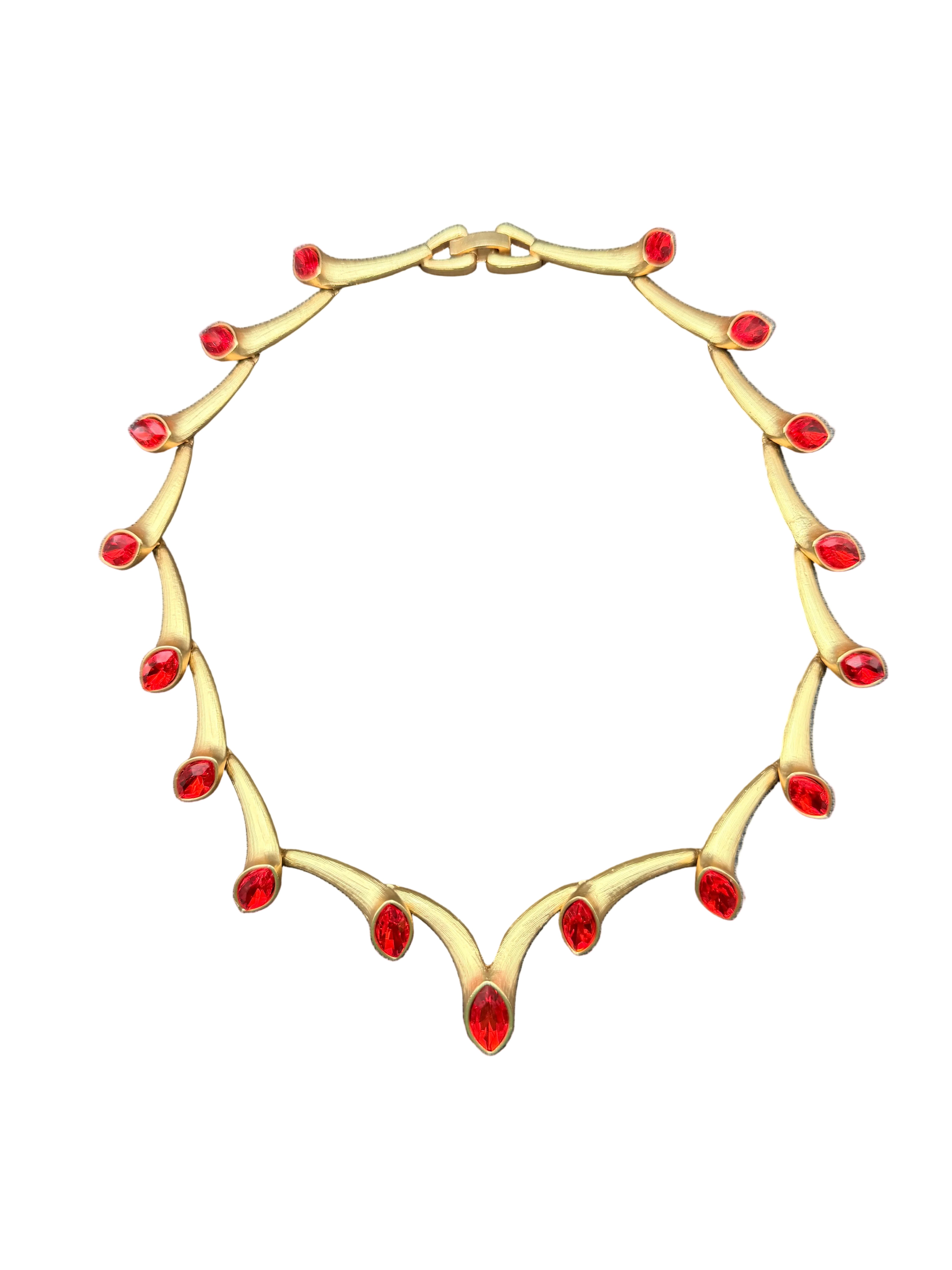 1950s Mid-Century Modern Gold-Tone Trumpet Link Necklace with Red Marquise Stones