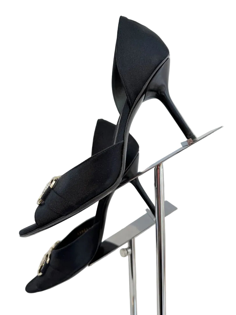Gucci black satin peep toe D'Orsay evening heels with crystal horse bit detail