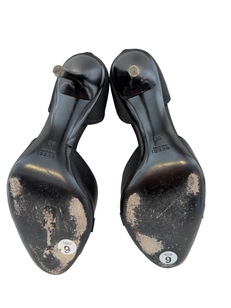 Gucci black satin peep toe D'Orsay evening heels with crystal horse bit detail