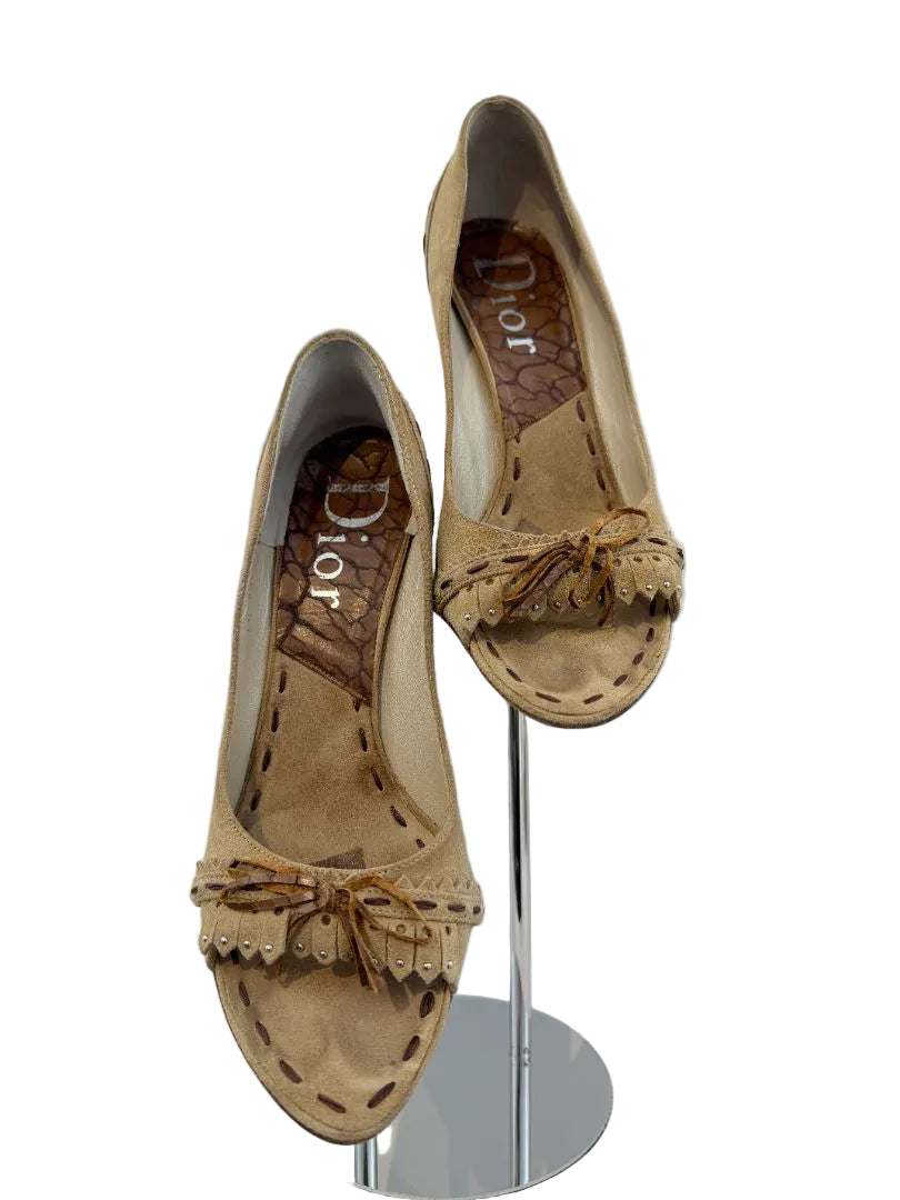 Christian Dior Brown Suede Open-Toe Wingtip Heels