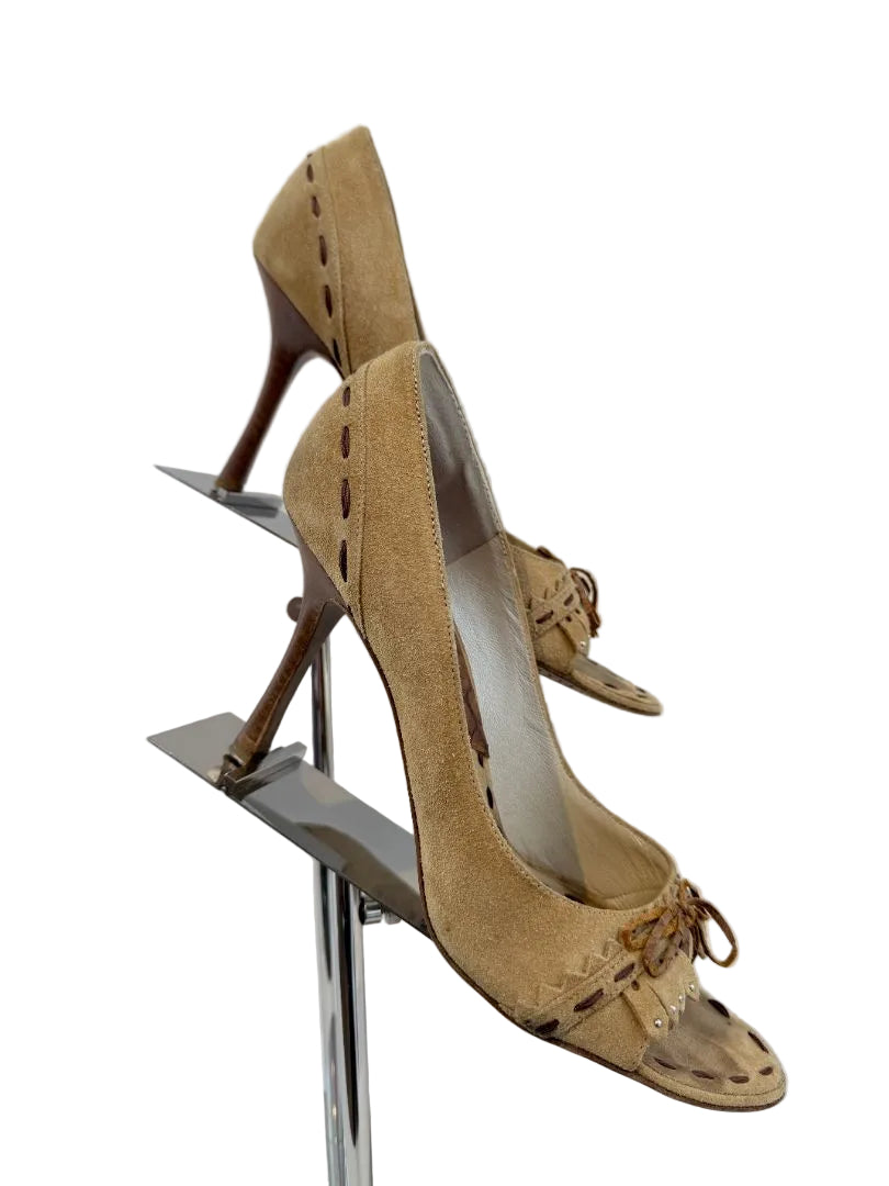 Christian Dior Brown Suede Open-Toe Wingtip Heels