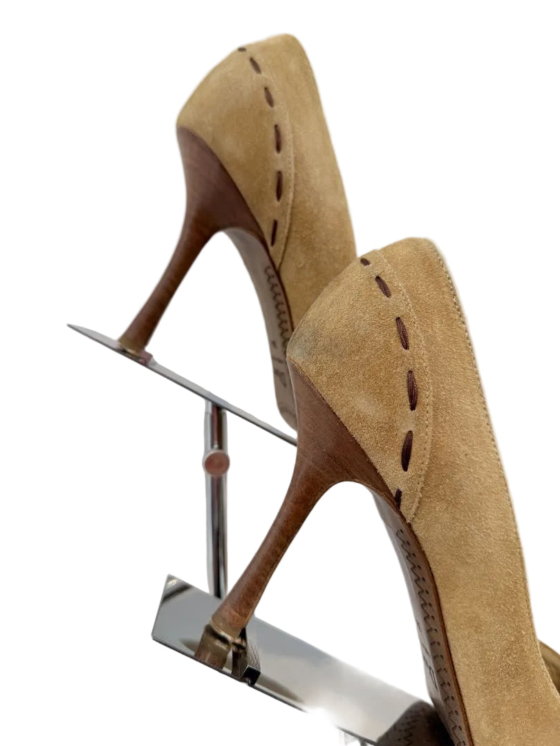 Christian Dior Brown Suede Open-Toe Wingtip Heels