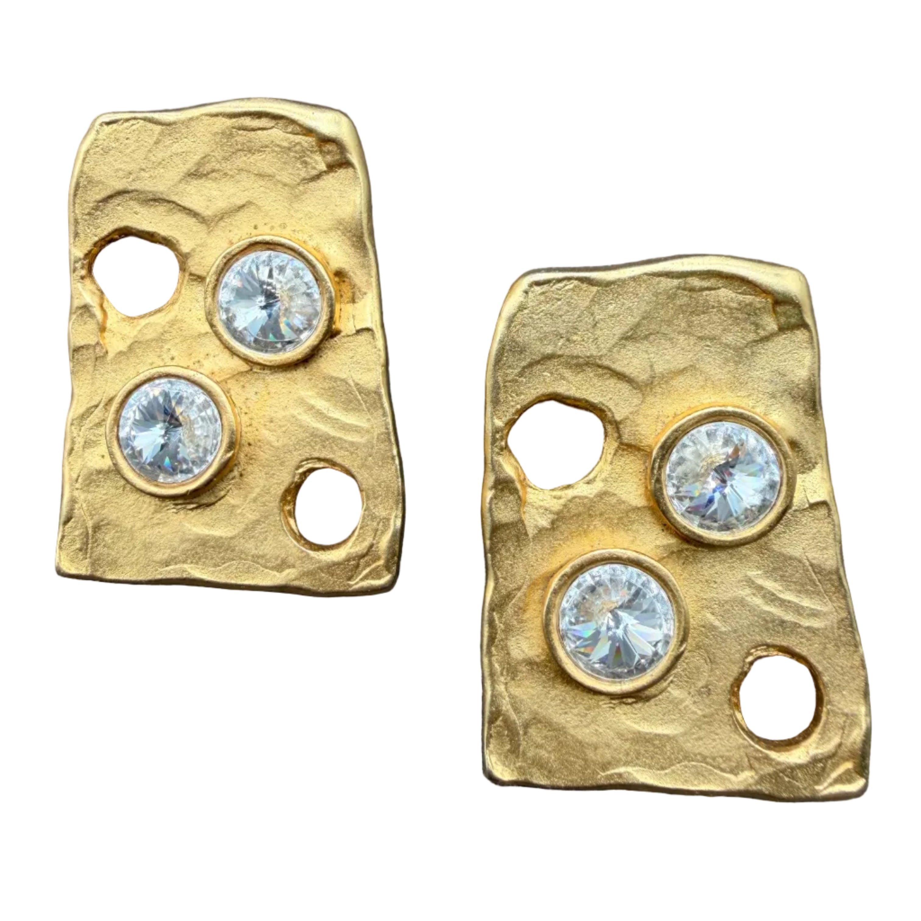 1980s Brutalist-Inspired Matte Gold-Tone Earrings with Openwork & Rhinestone Accents