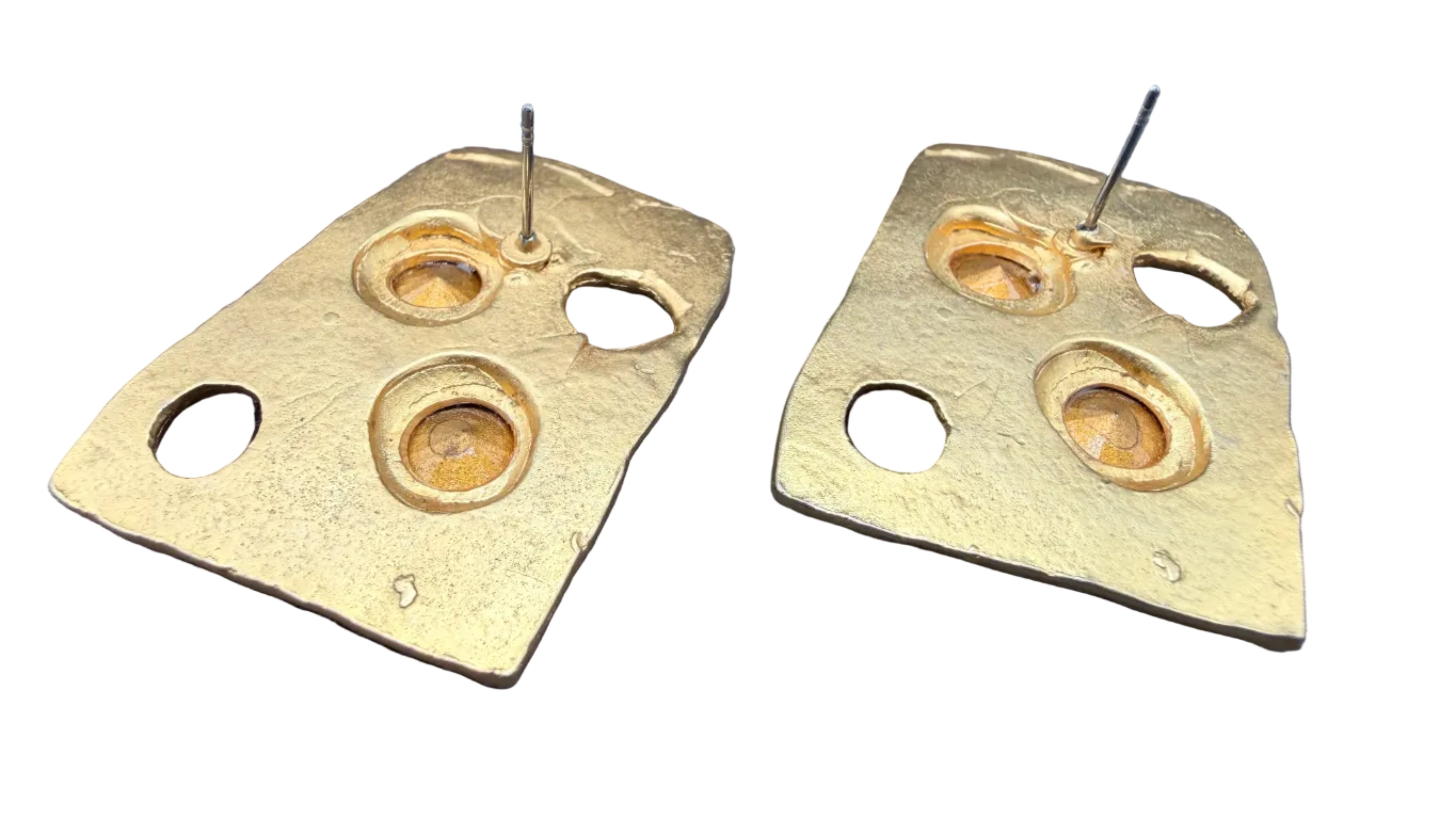 1980s Brutalist-Inspired Matte Gold-Tone Earrings with Openwork & Rhinestone Accents