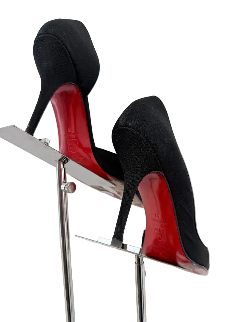 Christian Louboutin “Décolleté 554 100” Black Satin Stilettos