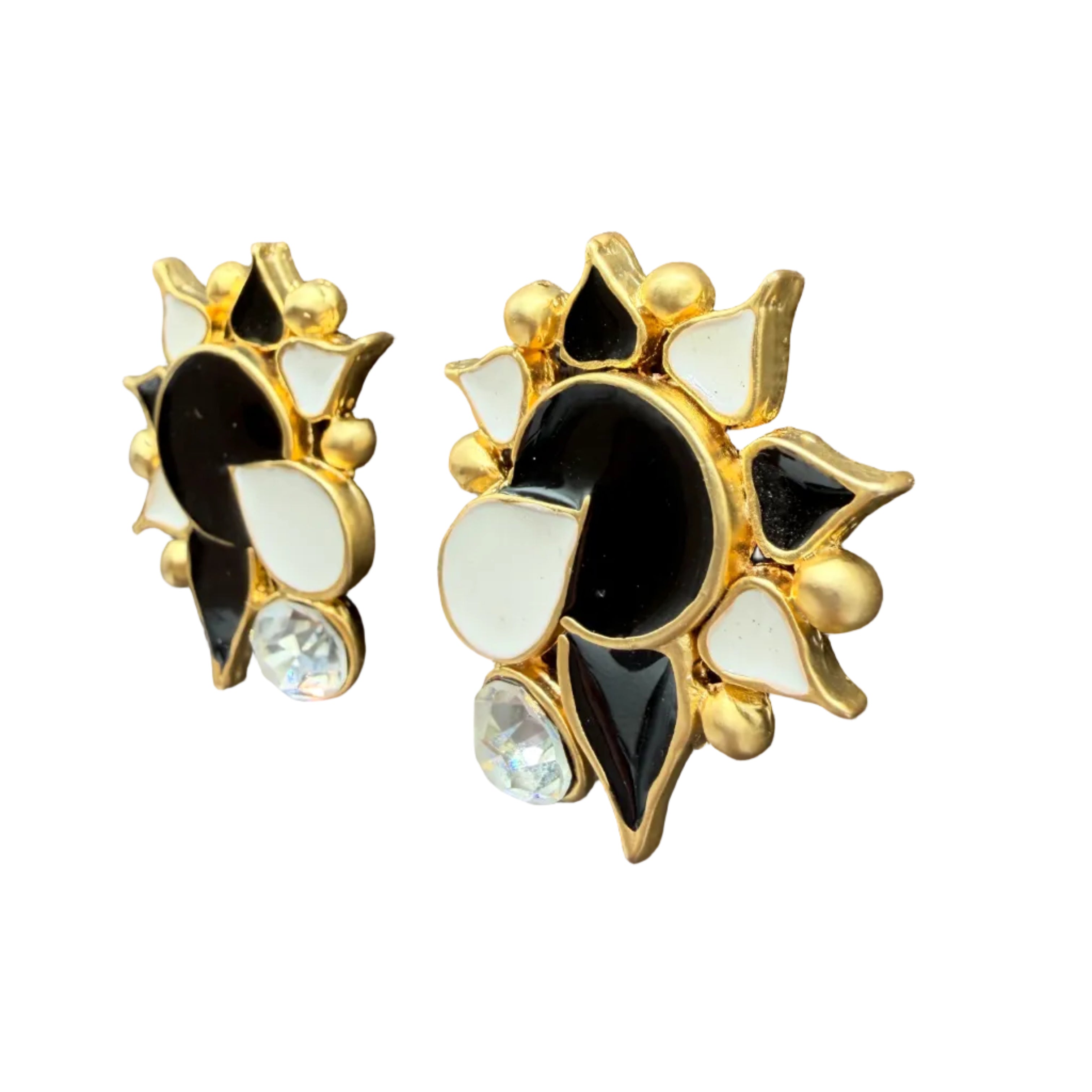 1980s Matte Gold-tone abstract flower clip on earrings with black & white enamel and clear rhinestone accent stone