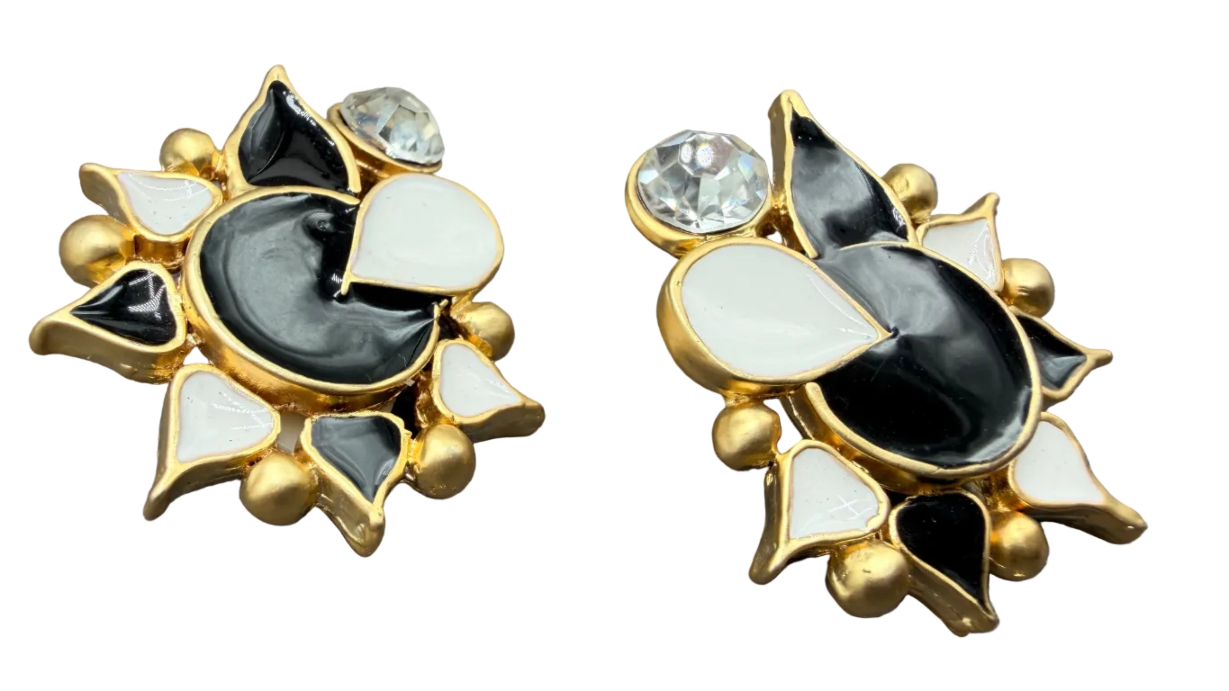 1980s Matte Gold-tone abstract flower clip on earrings with black & white enamel and clear rhinestone accent stone