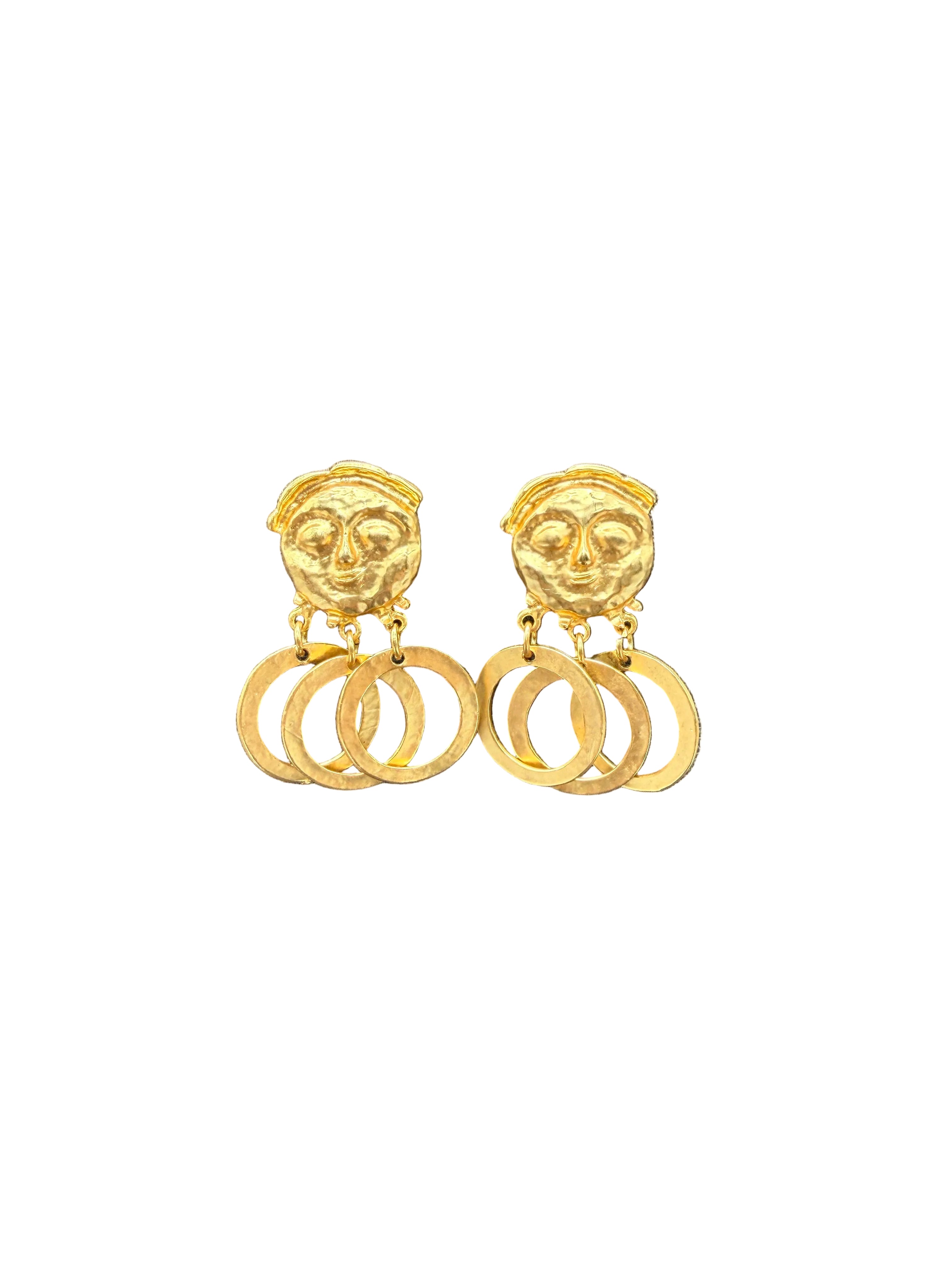 1980s Matte Gold-Tone Smiling Face Clip Earrings with Triple Open Circle Dangles