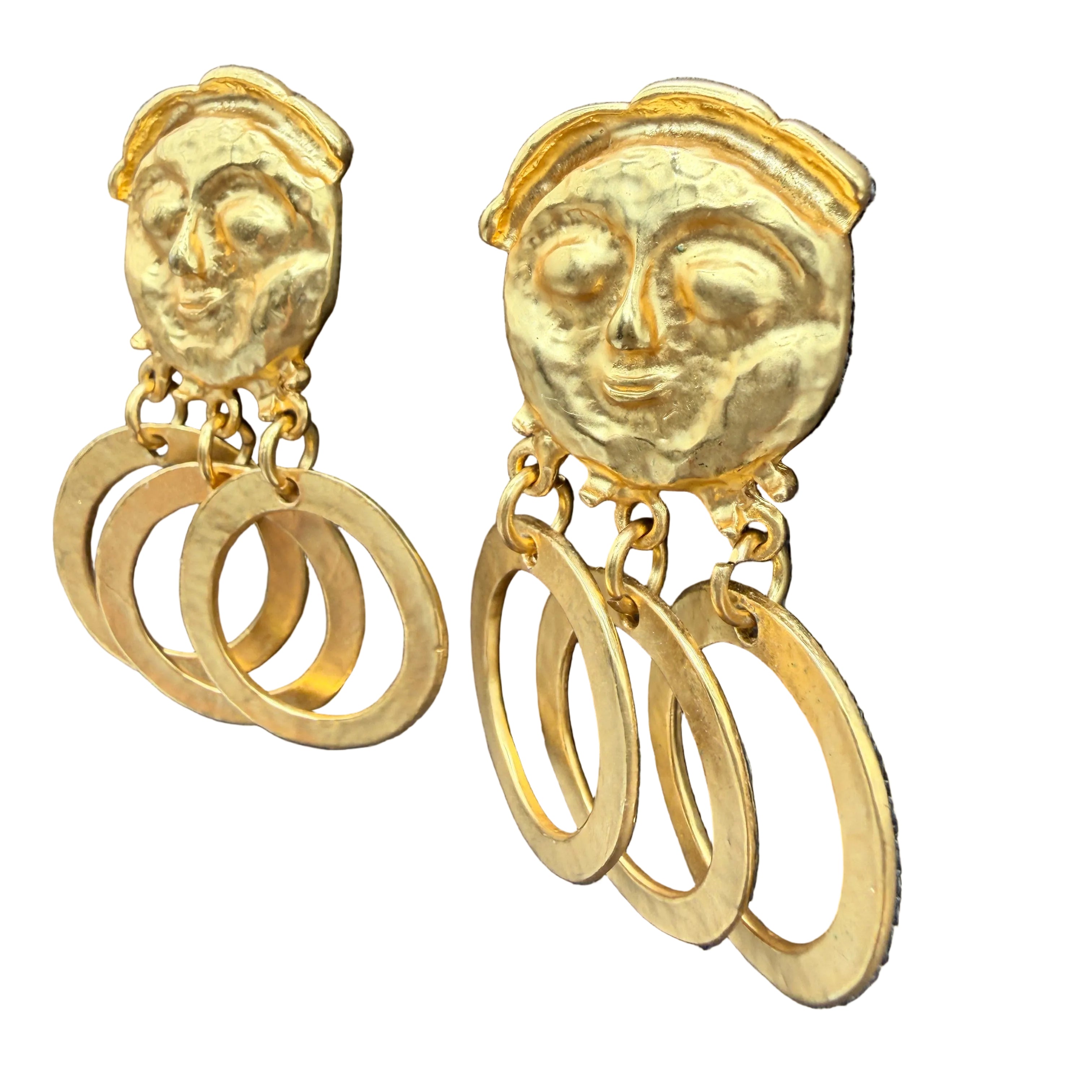 1980s Matte Gold-Tone Smiling Face Clip Earrings with Triple Open Circle Dangles