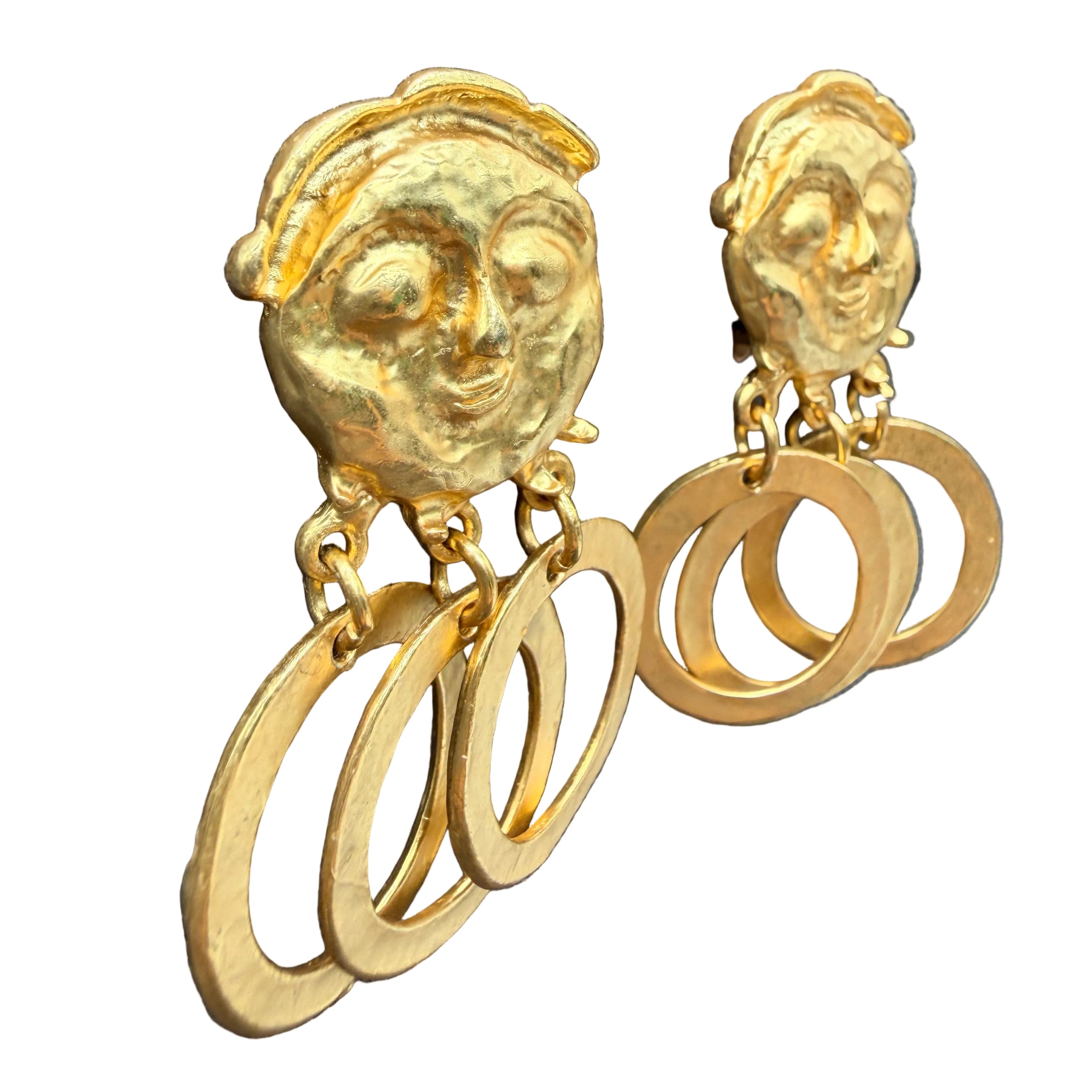 1980s Matte Gold-Tone Smiling Face Clip Earrings with Triple Open Circle Dangles