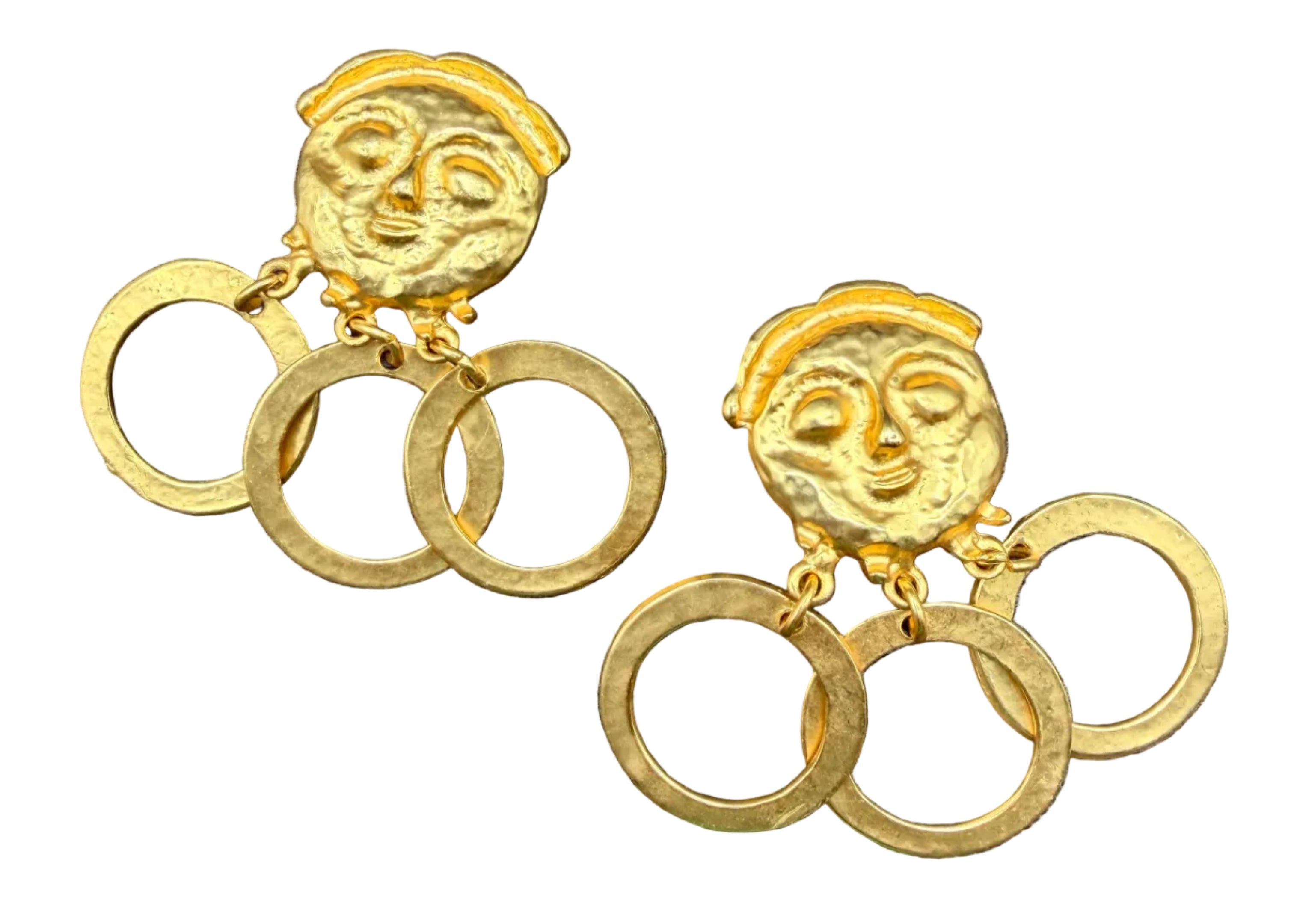 1980s Matte Gold-Tone Smiling Face Clip Earrings with Triple Open Circle Dangles