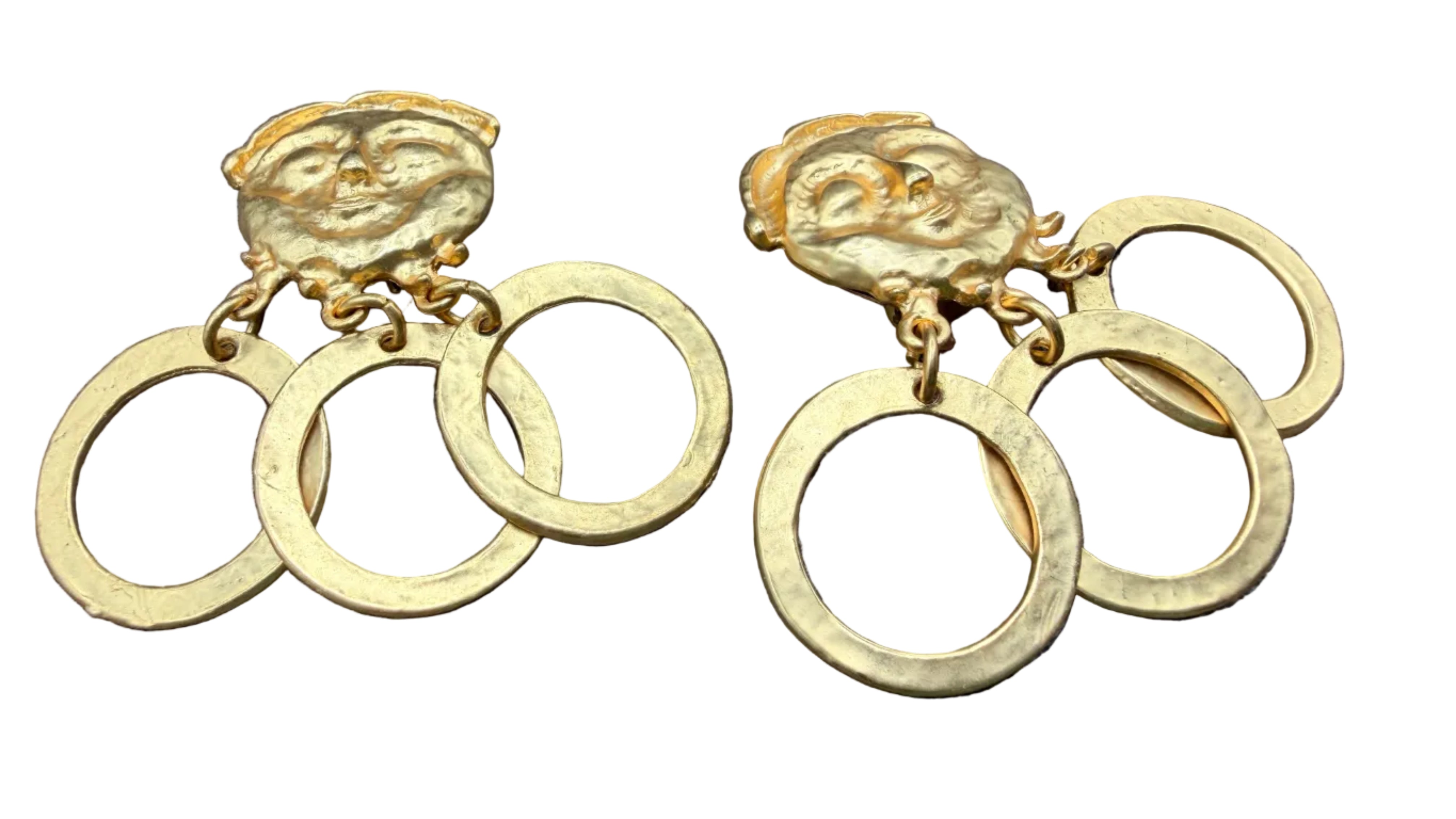 1980s Matte Gold-Tone Smiling Face Clip Earrings with Triple Open Circle Dangles