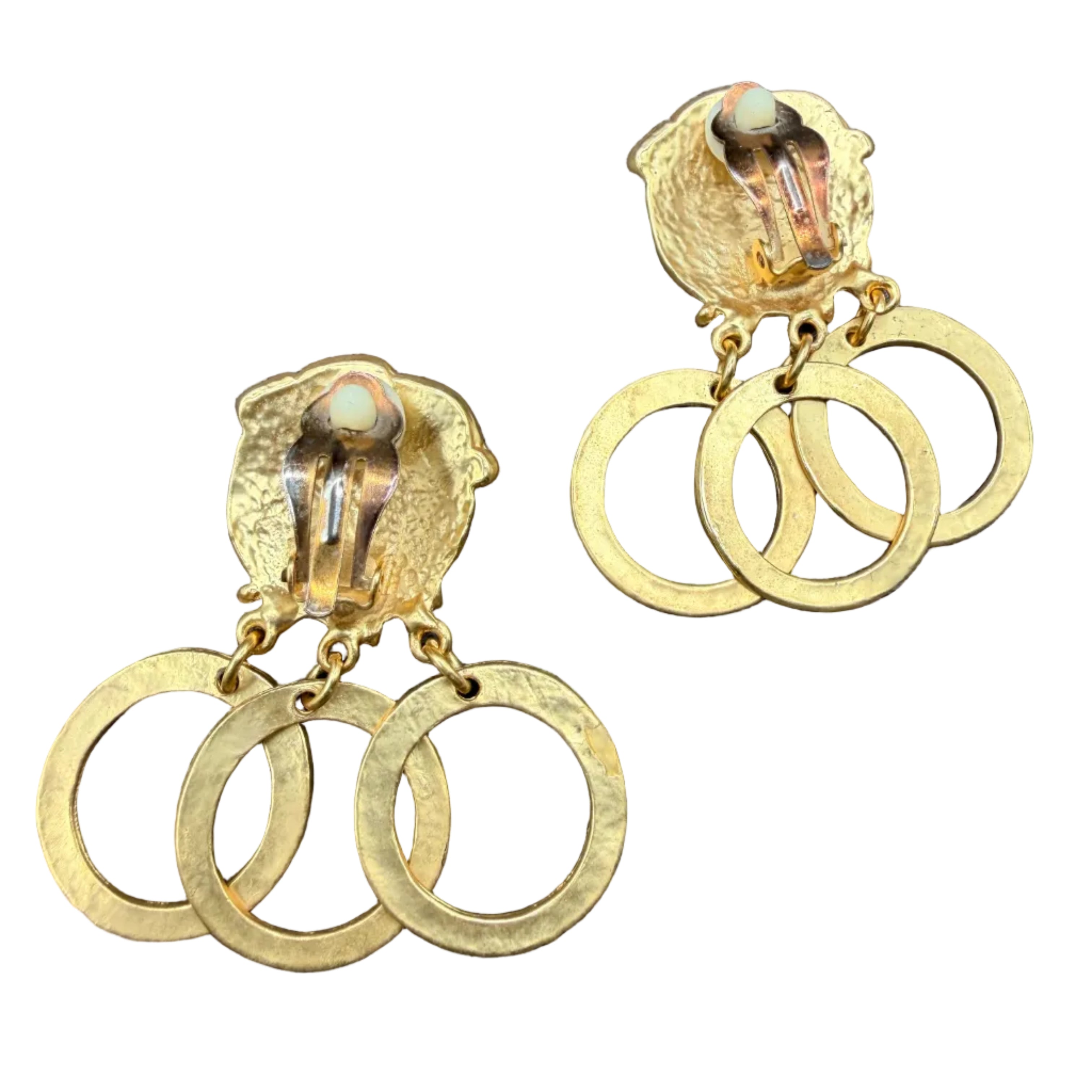1980s Matte Gold-Tone Smiling Face Clip Earrings with Triple Open Circle Dangles