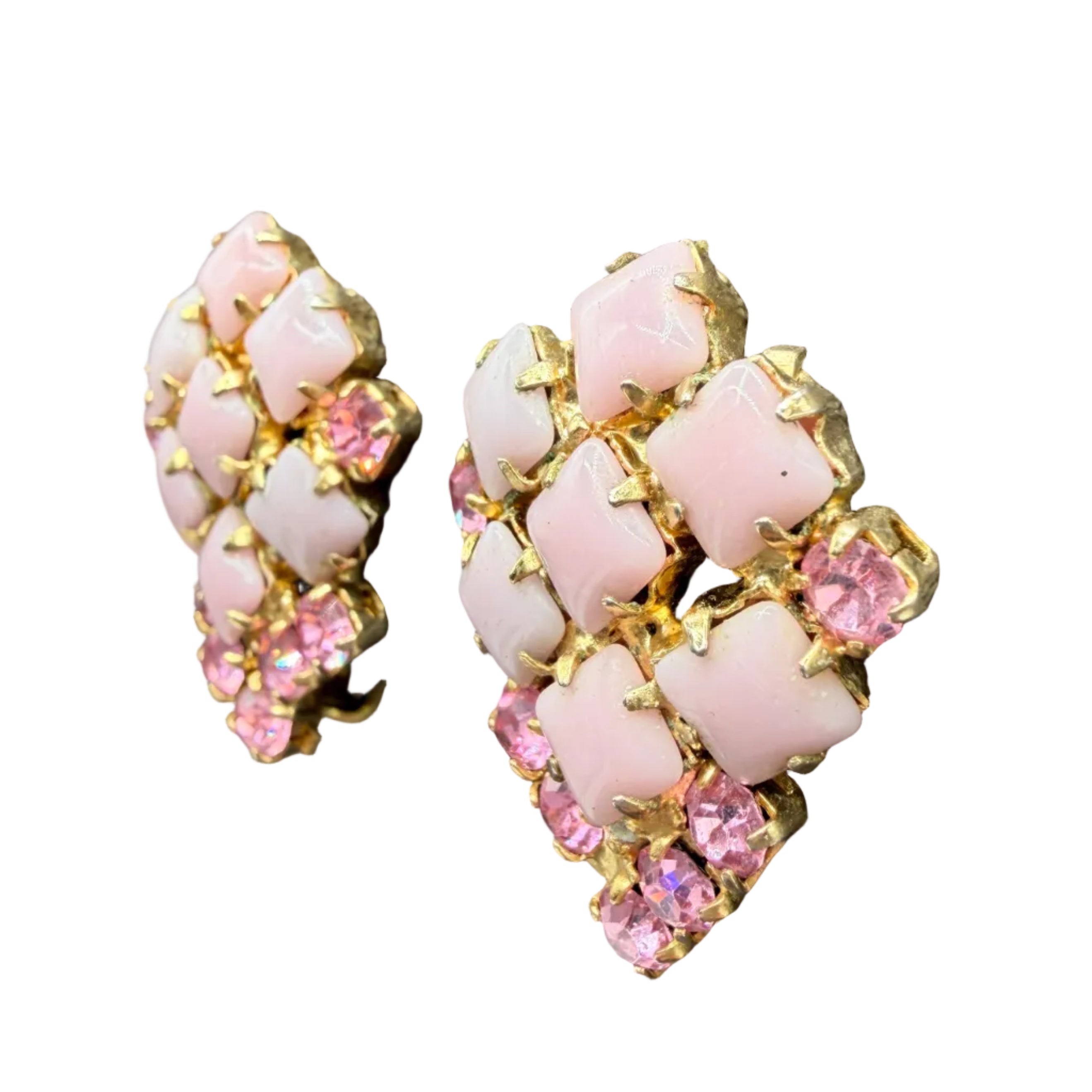 1950s Gold-Tone Clip Earrings with Prong-Set Pink Milk Glass & Rhinestones