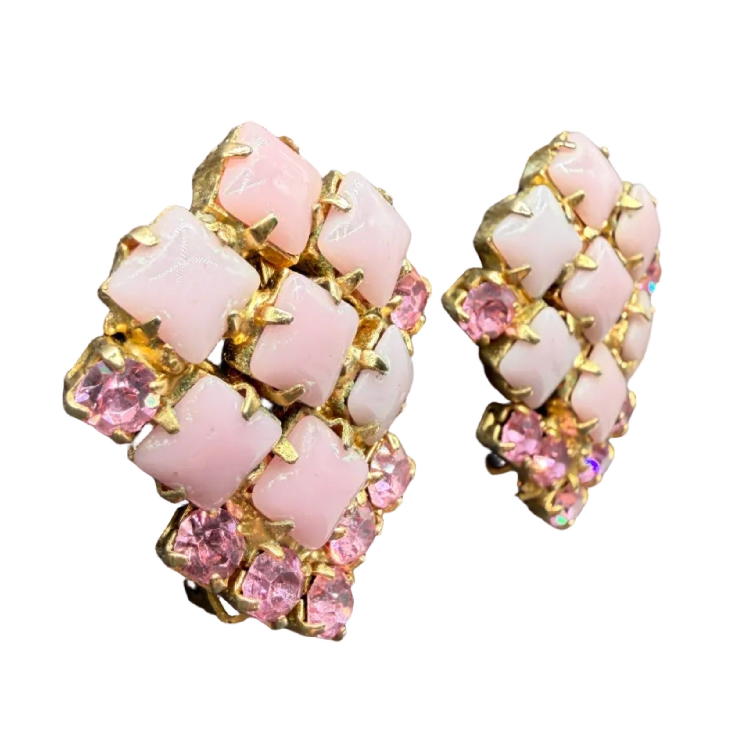1950s Gold-Tone Clip Earrings with Prong-Set Pink Milk Glass & Rhinestones