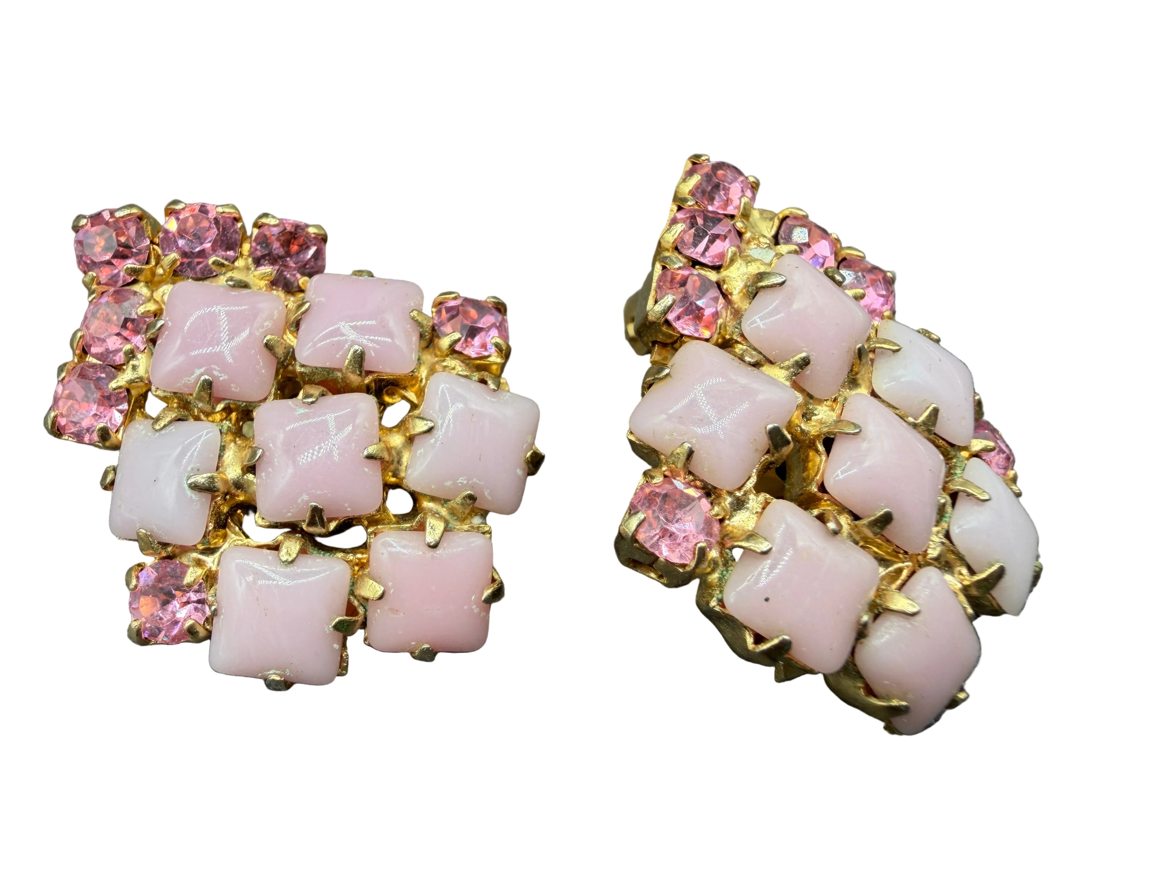 1950s Gold-Tone Clip Earrings with Prong-Set Pink Milk Glass & Rhinestones