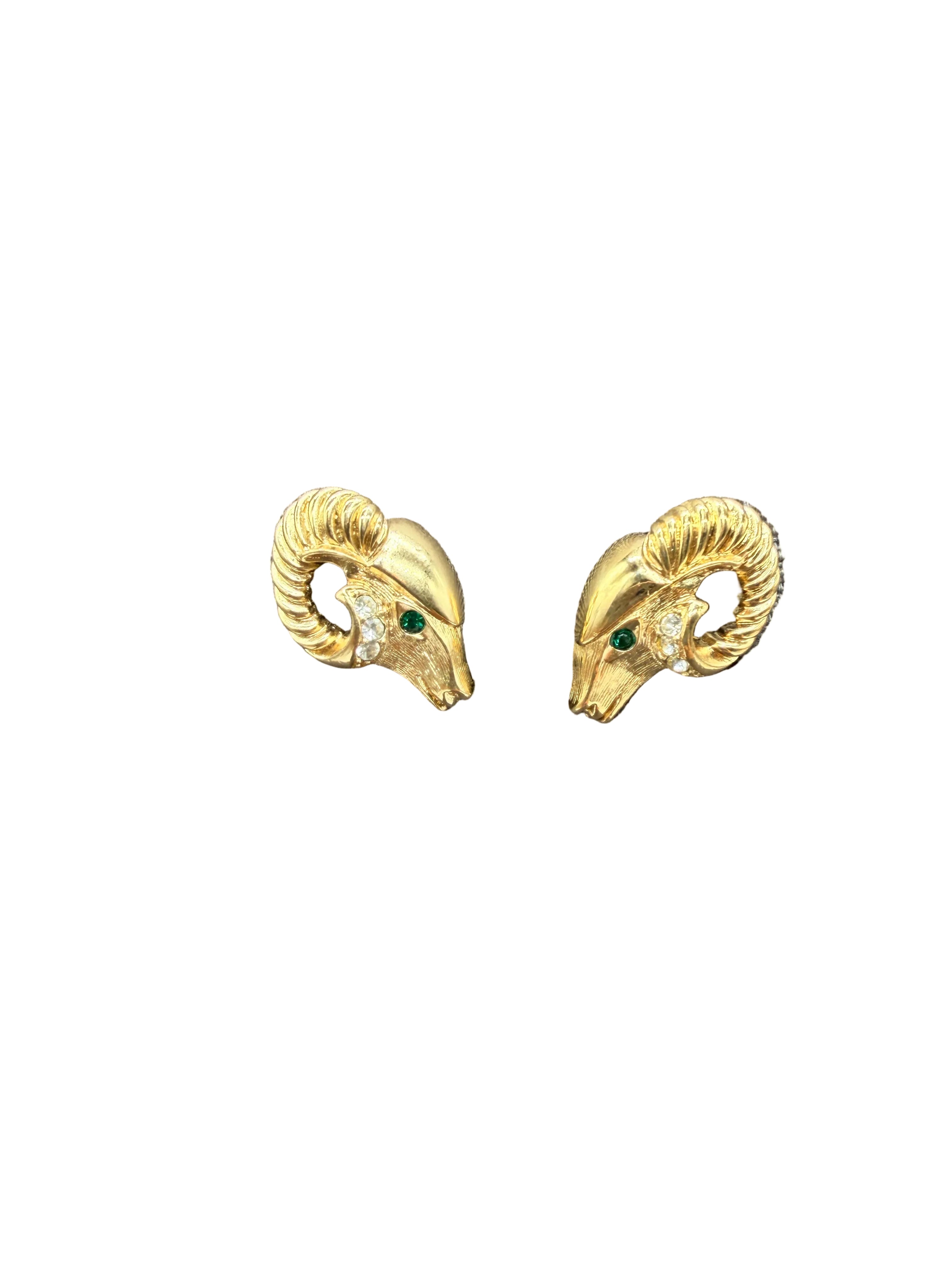 1980s KJL for Avon Ram’s Head Earrings with Rhinestone Accents