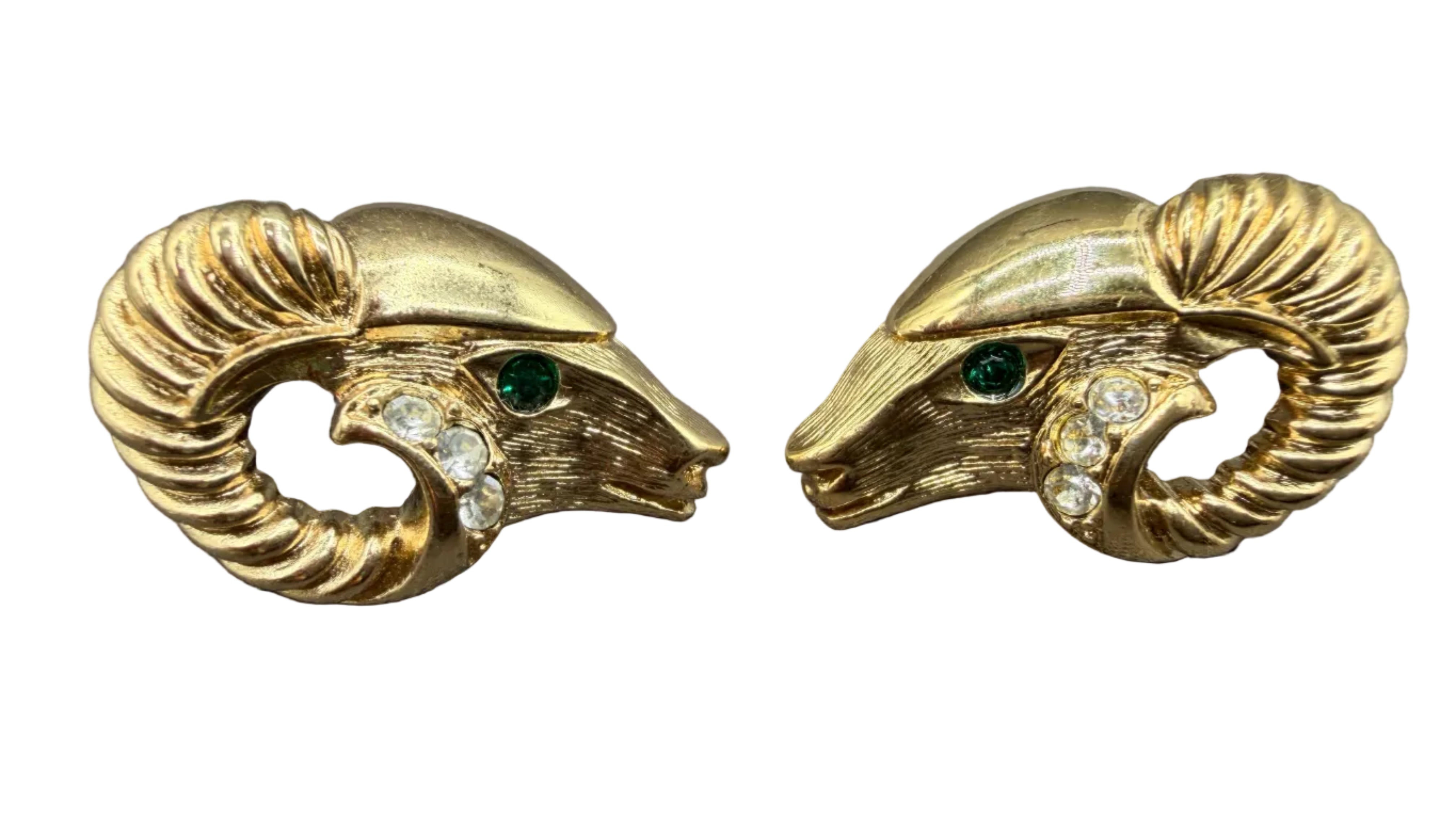 1980s KJL for Avon Ram’s Head Earrings with Rhinestone Accents