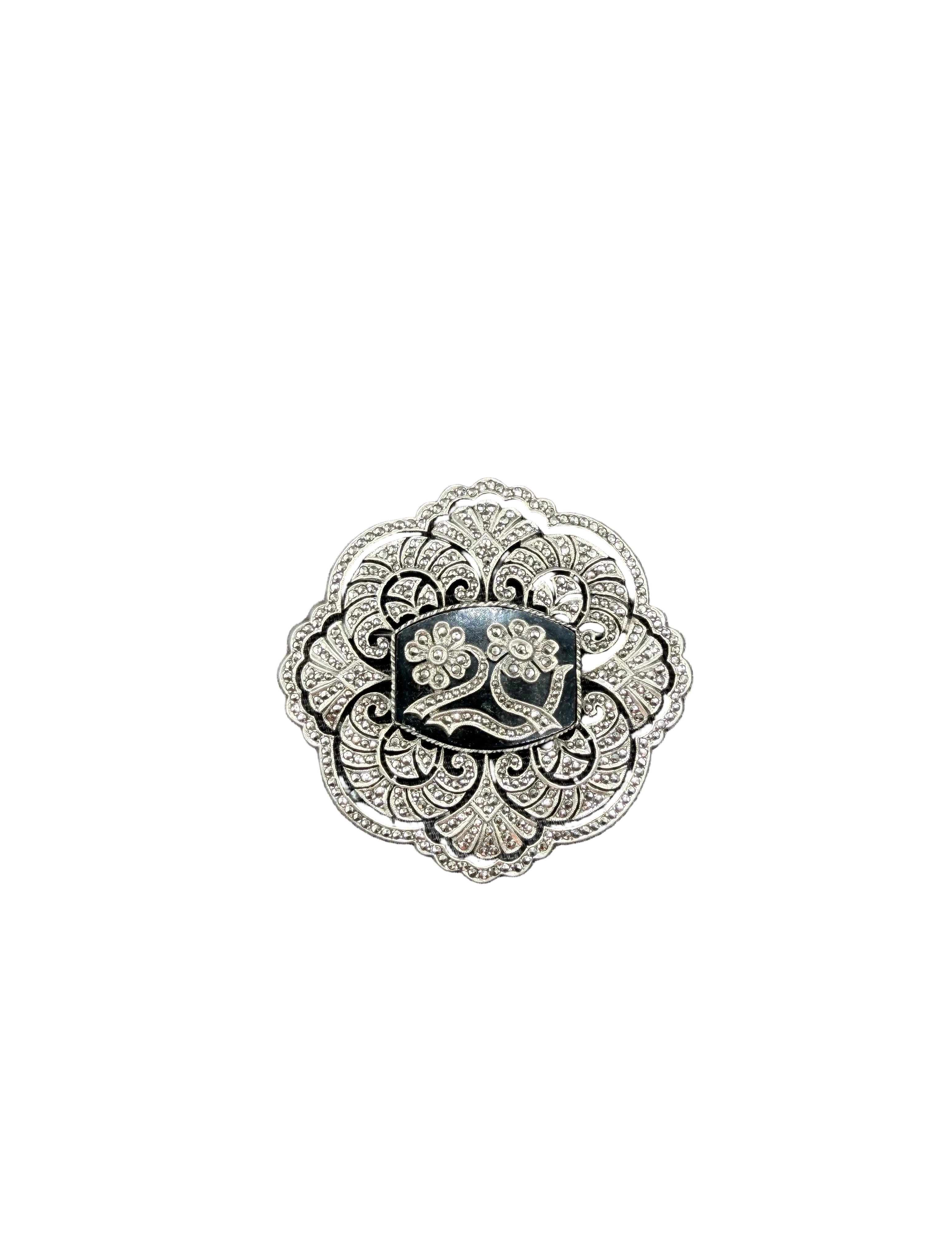 1940s Kimler & Daniel Co. Sterling Silver Art Deco Revival Brooch with Marcasite & Onyx