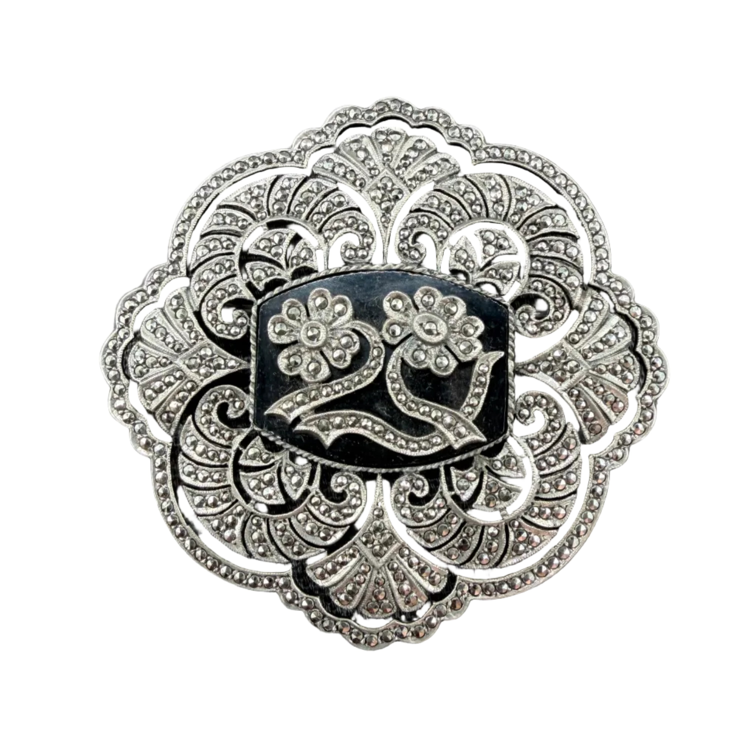 1940s Kimler & Daniel Co. Sterling Silver Art Deco Revival Brooch with Marcasite & Onyx