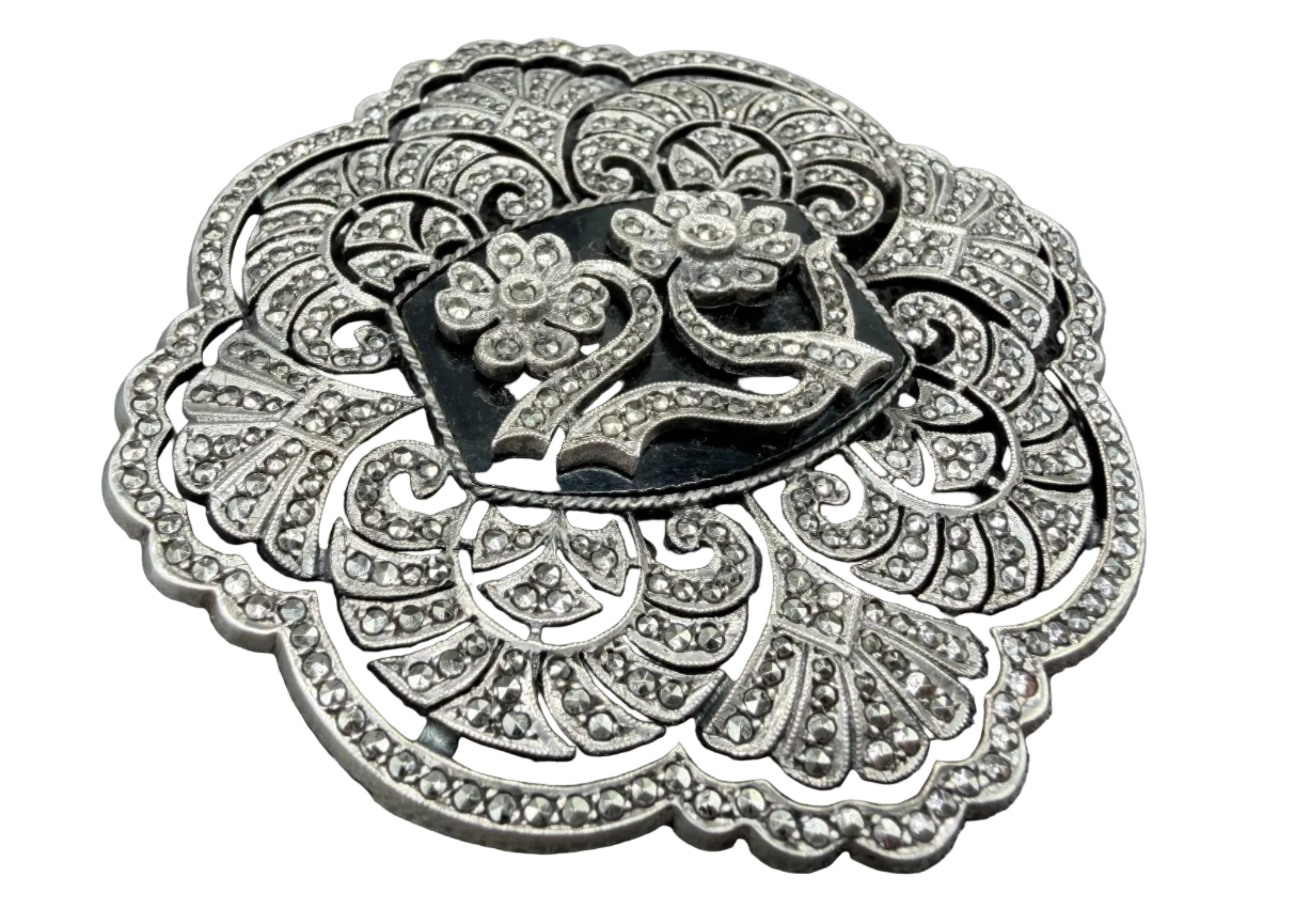 1940s Kimler & Daniel Co. Sterling Silver Art Deco Revival Brooch with Marcasite & Onyx