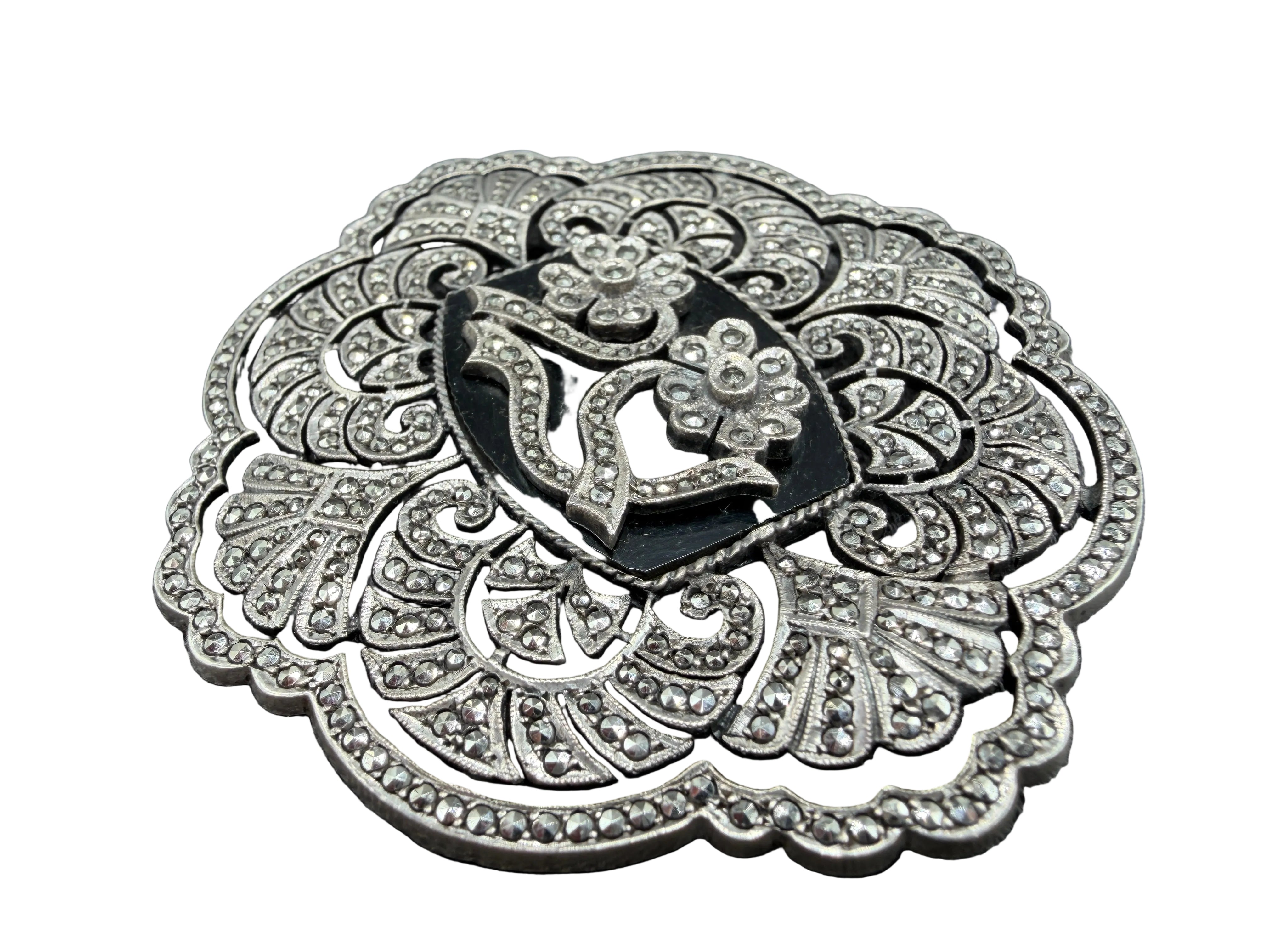 1940s Kimler & Daniel Co. Sterling Silver Art Deco Revival Brooch with Marcasite & Onyx