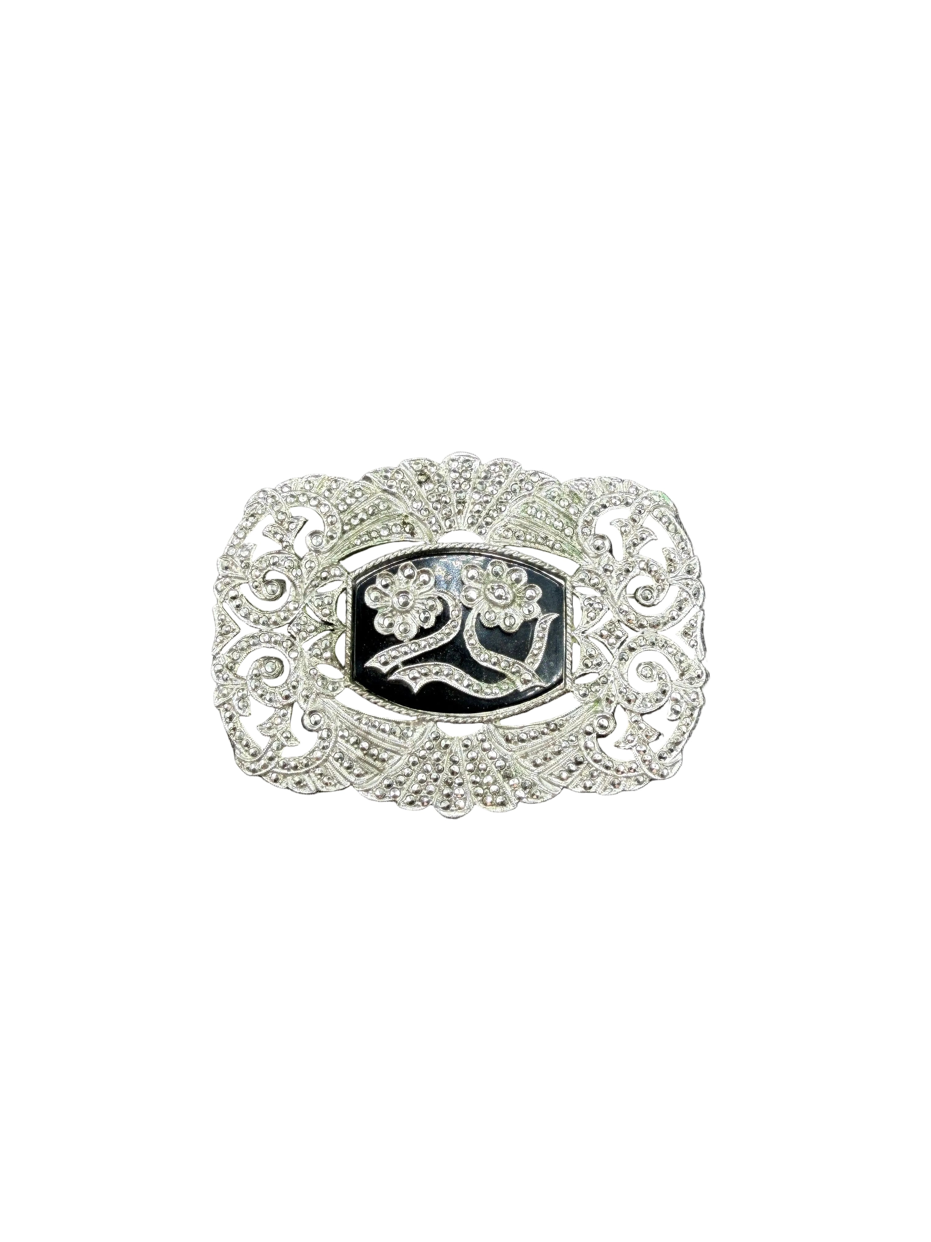 1950s Kimler & Daniel Co. Sterling Silver Openwork Brooch with Marcasite & Onyx