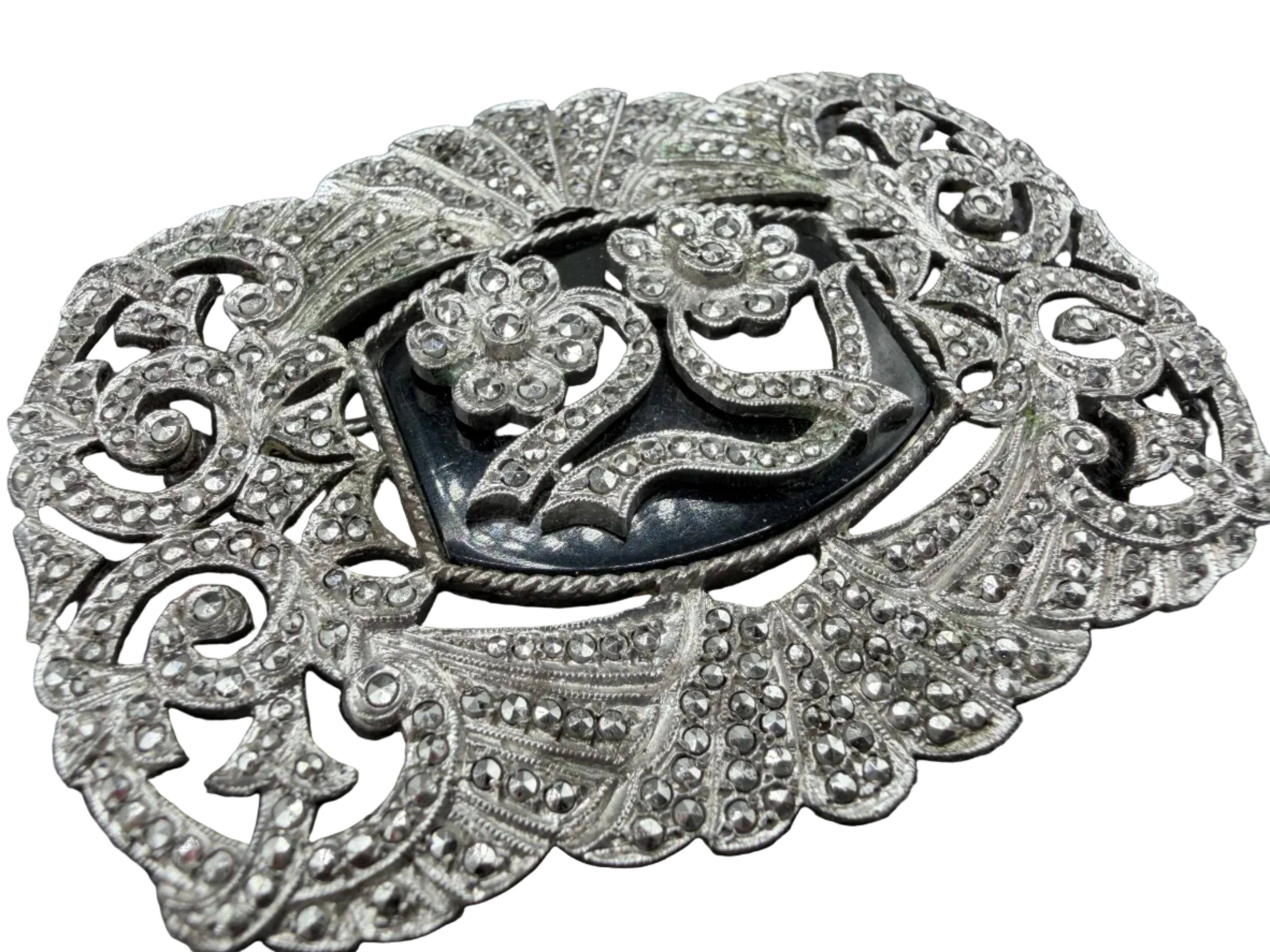 1950s Kimler & Daniel Co. Sterling Silver Openwork Brooch with Marcasite & Onyx