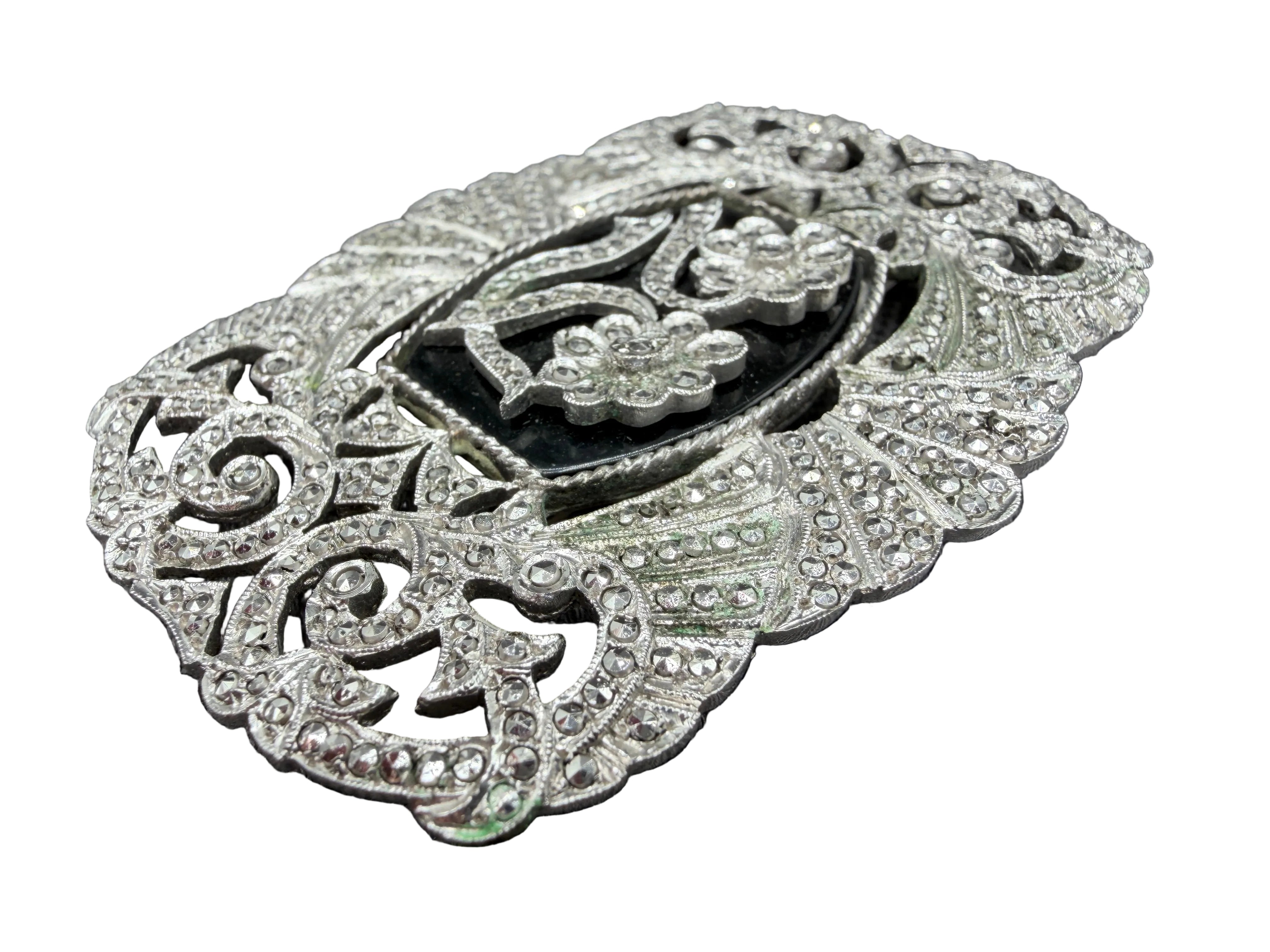 1950s Kimler & Daniel Co. Sterling Silver Openwork Brooch with Marcasite & Onyx