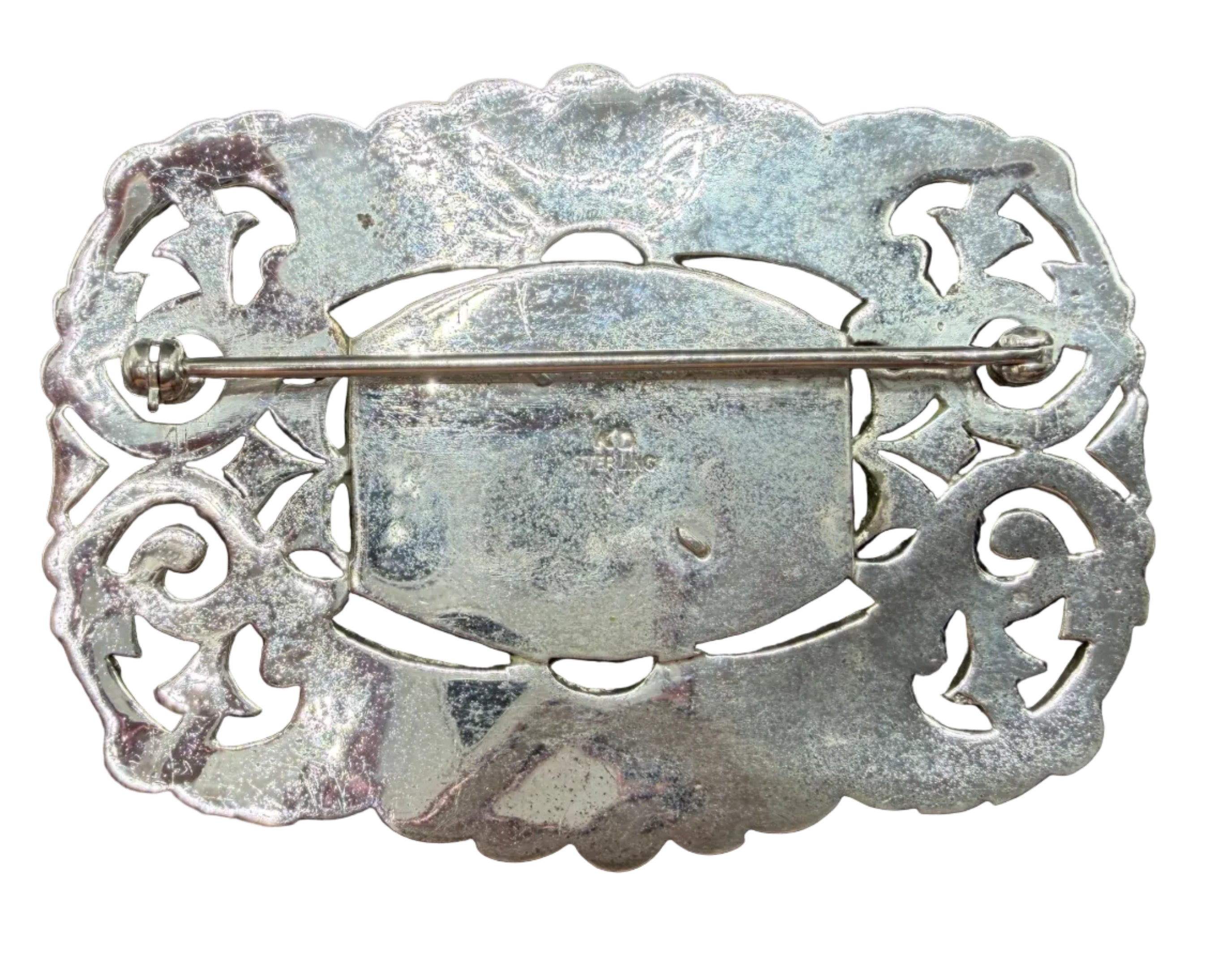 1950s Kimler & Daniel Co. Sterling Silver Openwork Brooch with Marcasite & Onyx