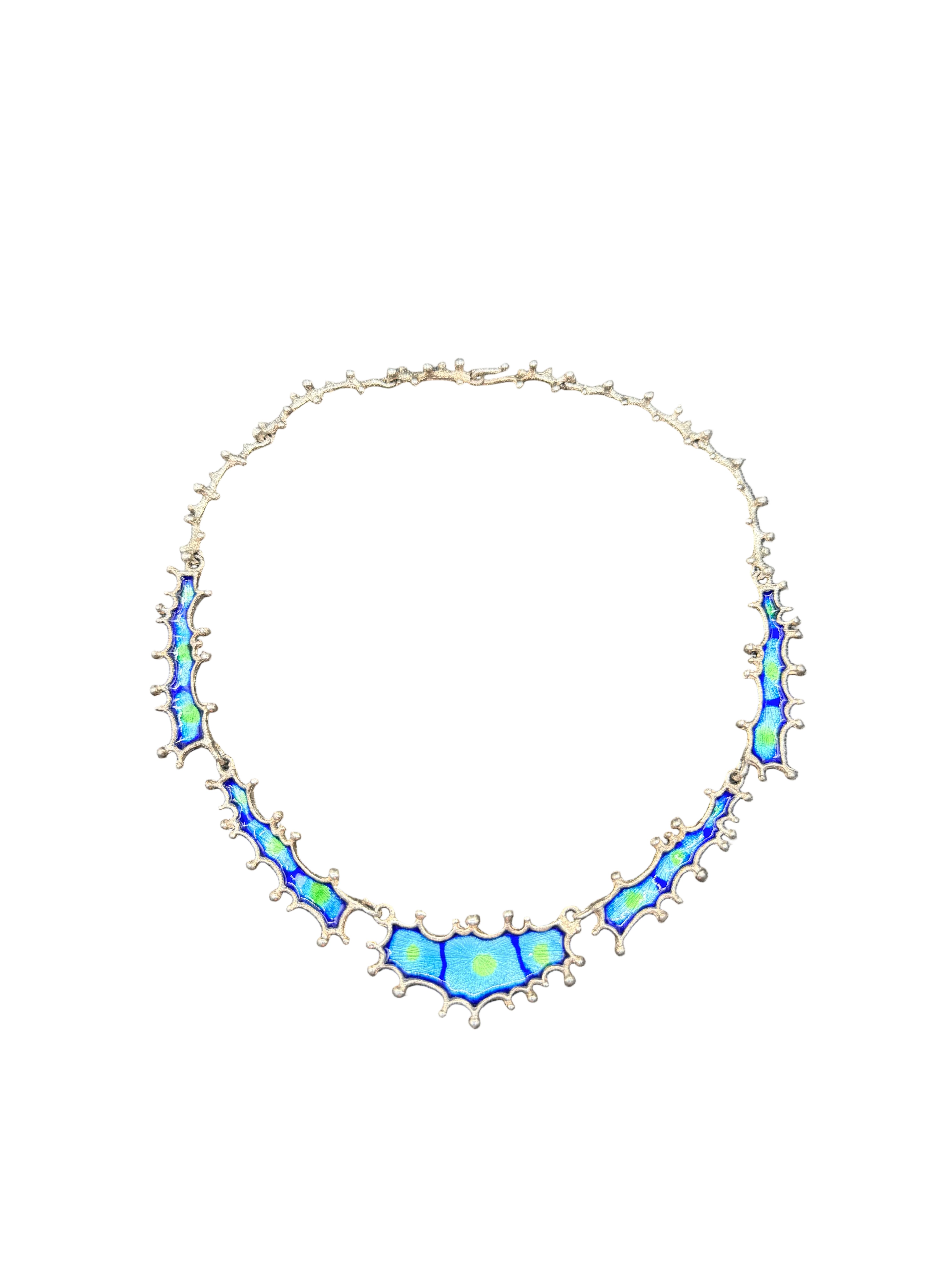 1960s Israeli Brutalist Sterling Silver &amp; Blue-Green Enamel Necklace