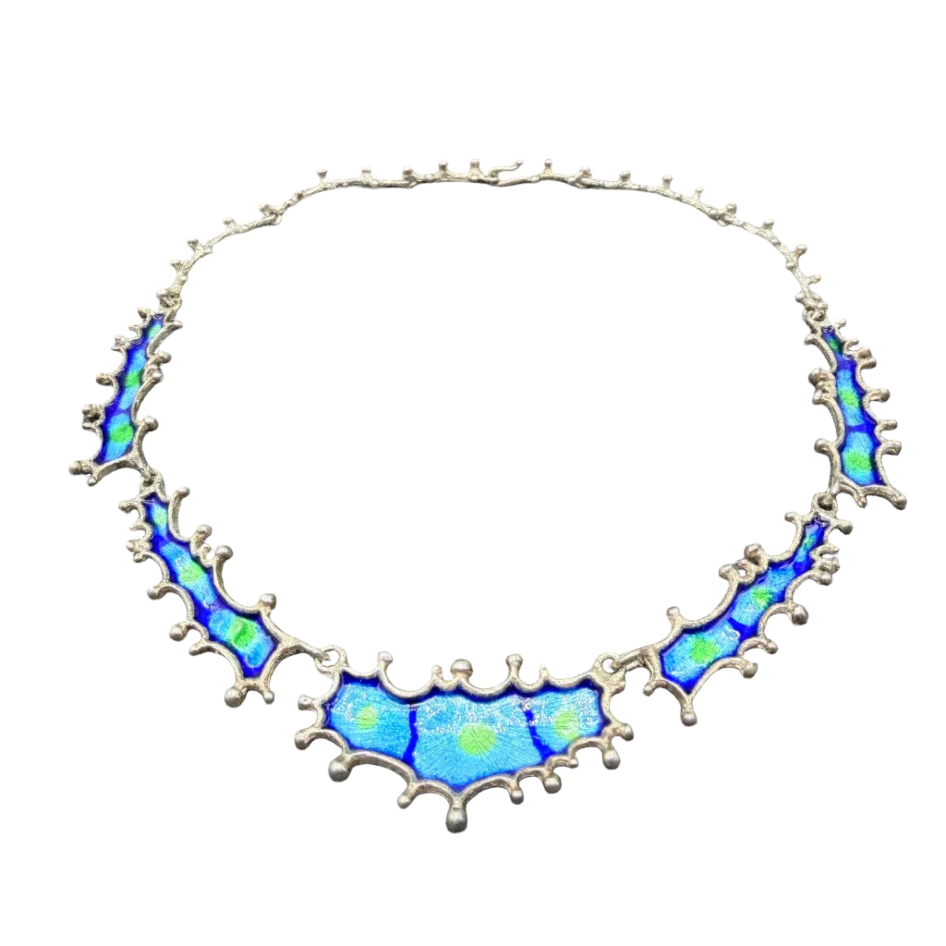 1960s Israeli Brutalist Sterling Silver &amp; Blue-Green Enamel Necklace