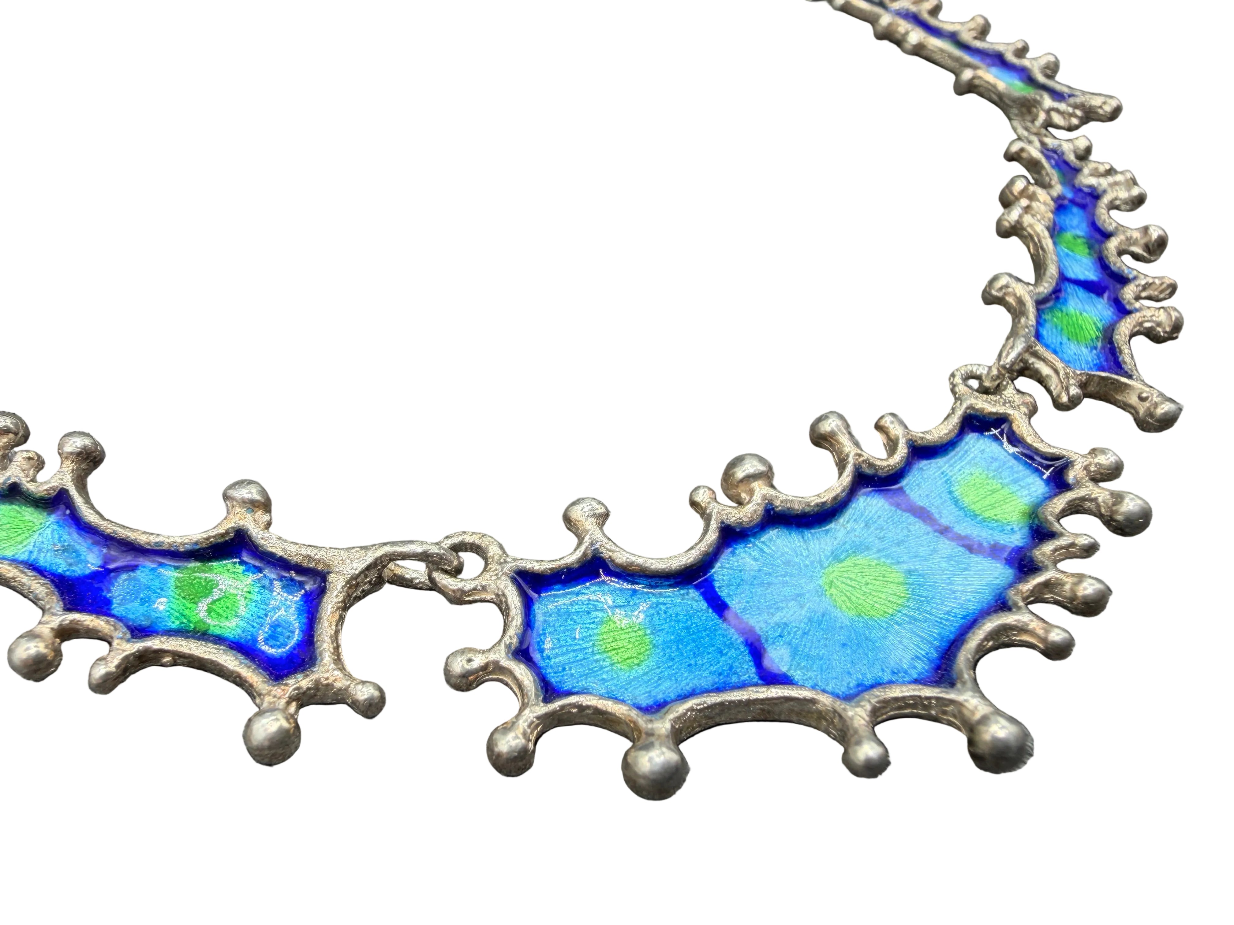 1960s Israeli Brutalist Sterling Silver &amp; Blue-Green Enamel Necklace