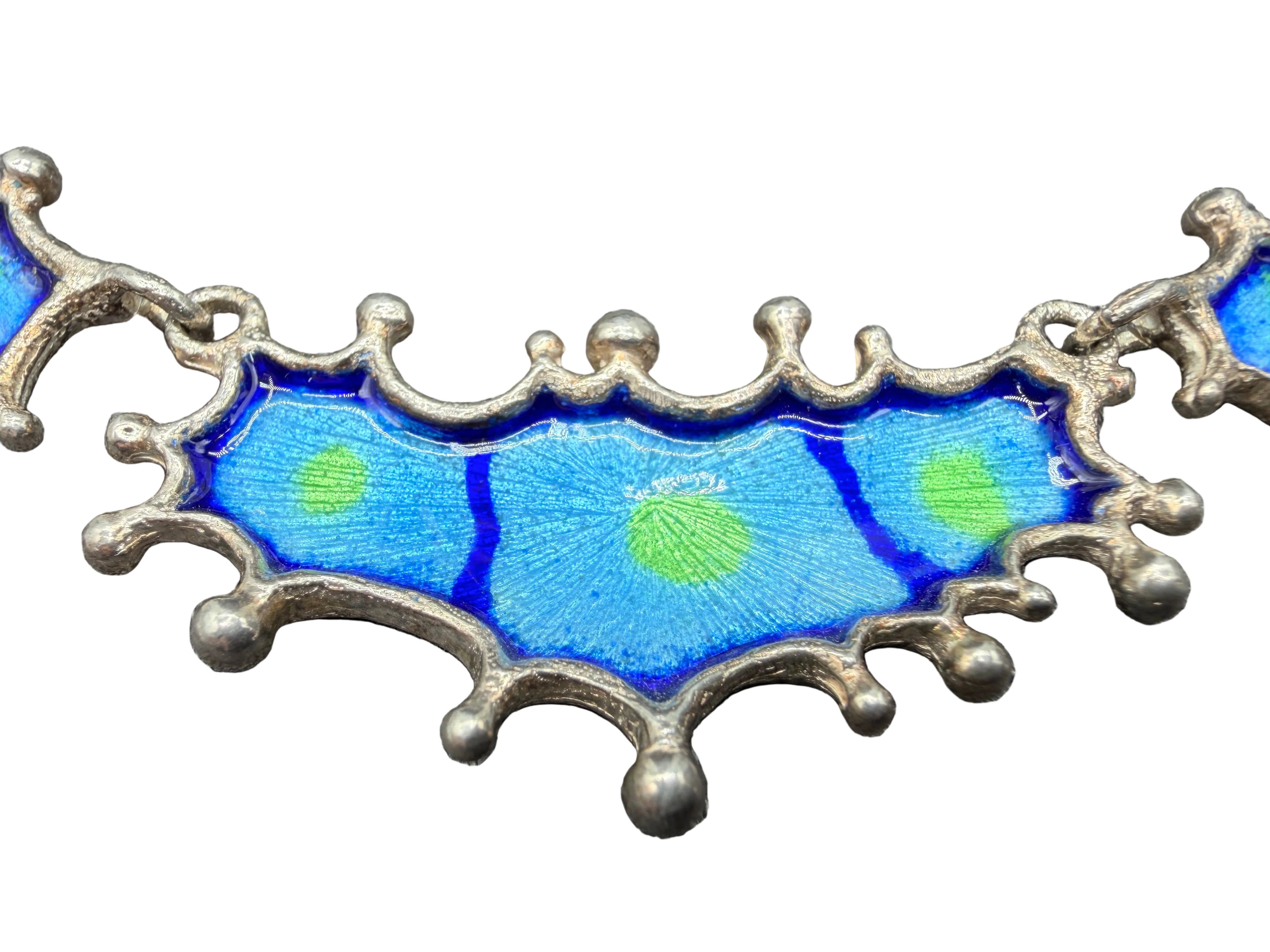 1960s Israeli Brutalist Sterling Silver &amp; Blue-Green Enamel Necklace
