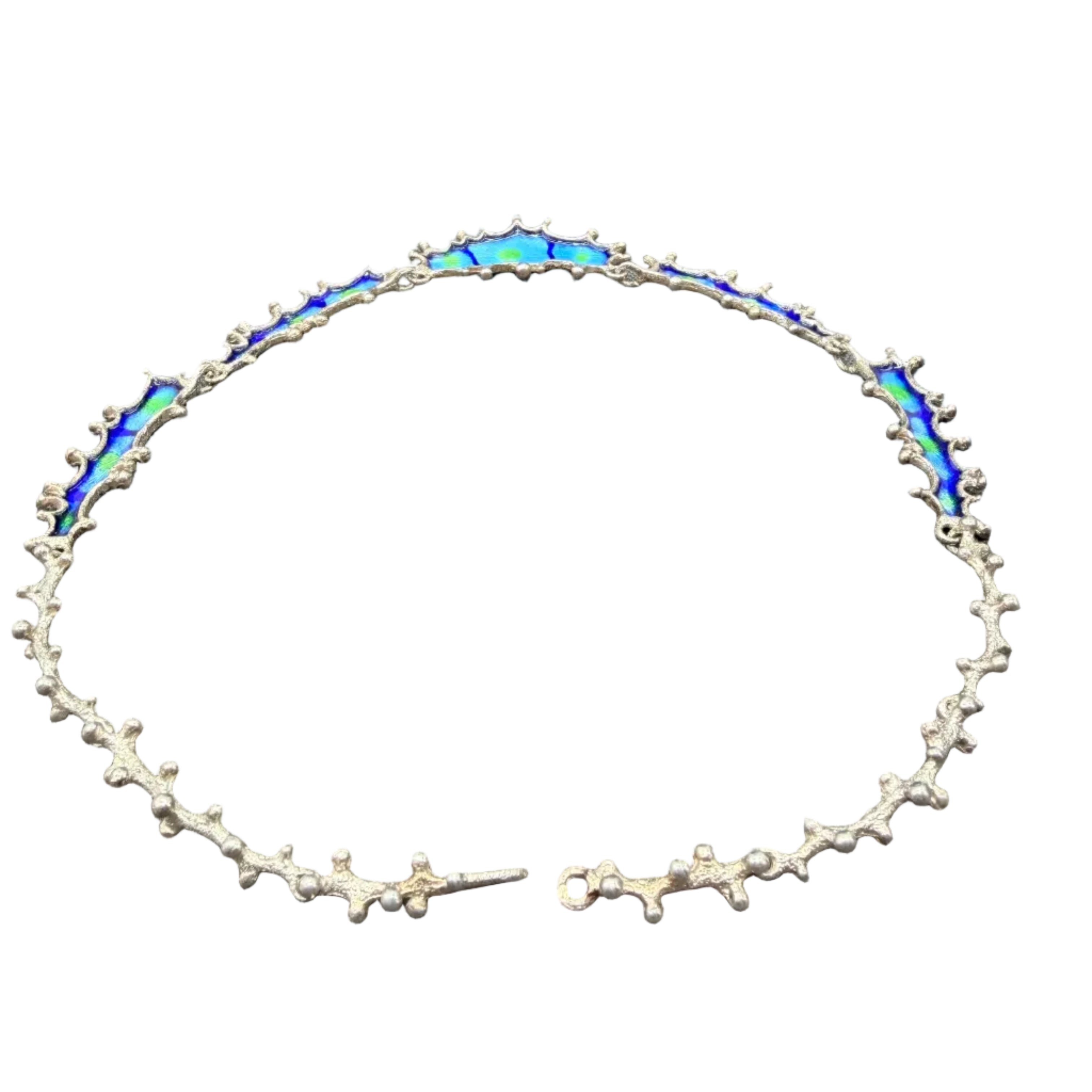 1960s Israeli Brutalist Sterling Silver &amp; Blue-Green Enamel Necklace
