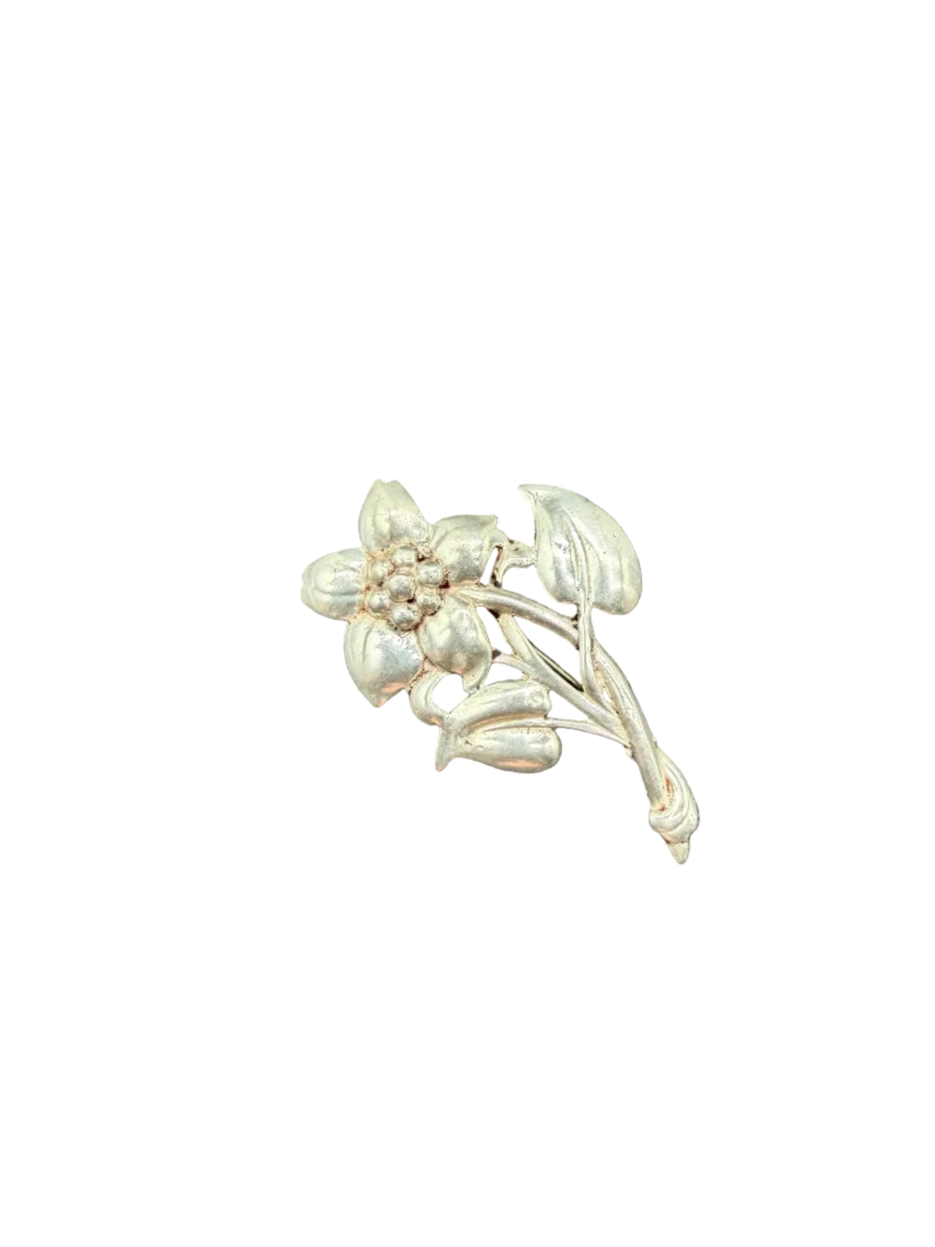 1950s Sterling Silver Flower Brooch with Stem & Leaves