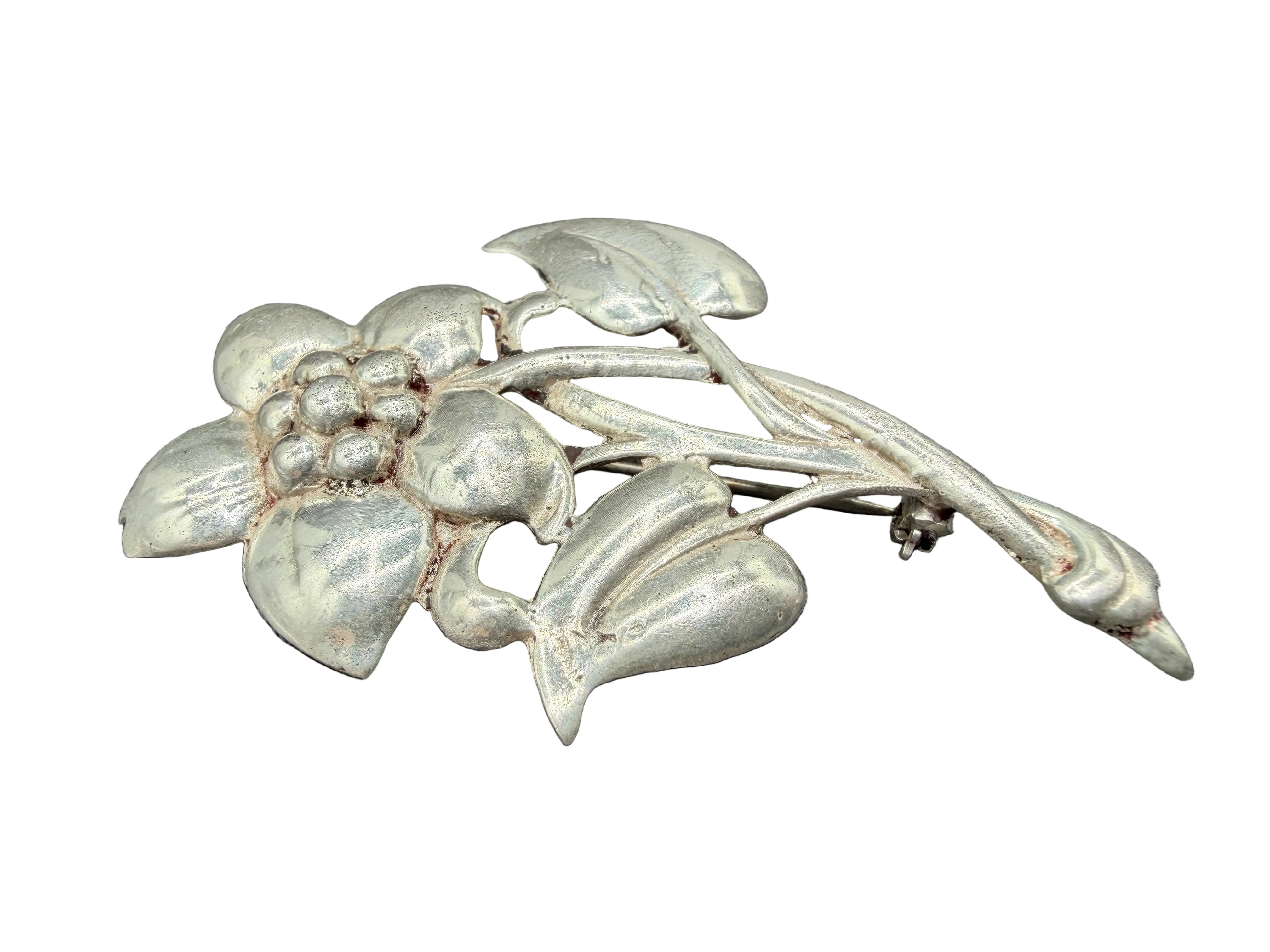 1950s Sterling Silver Flower Brooch with Stem & Leaves