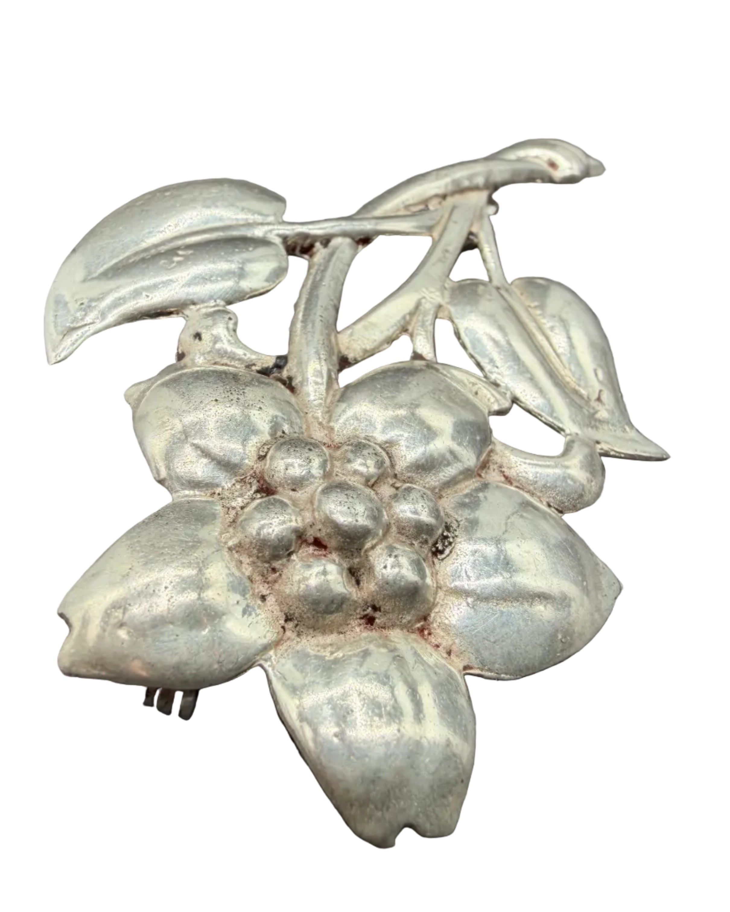 1950s Sterling Silver Flower Brooch with Stem & Leaves
