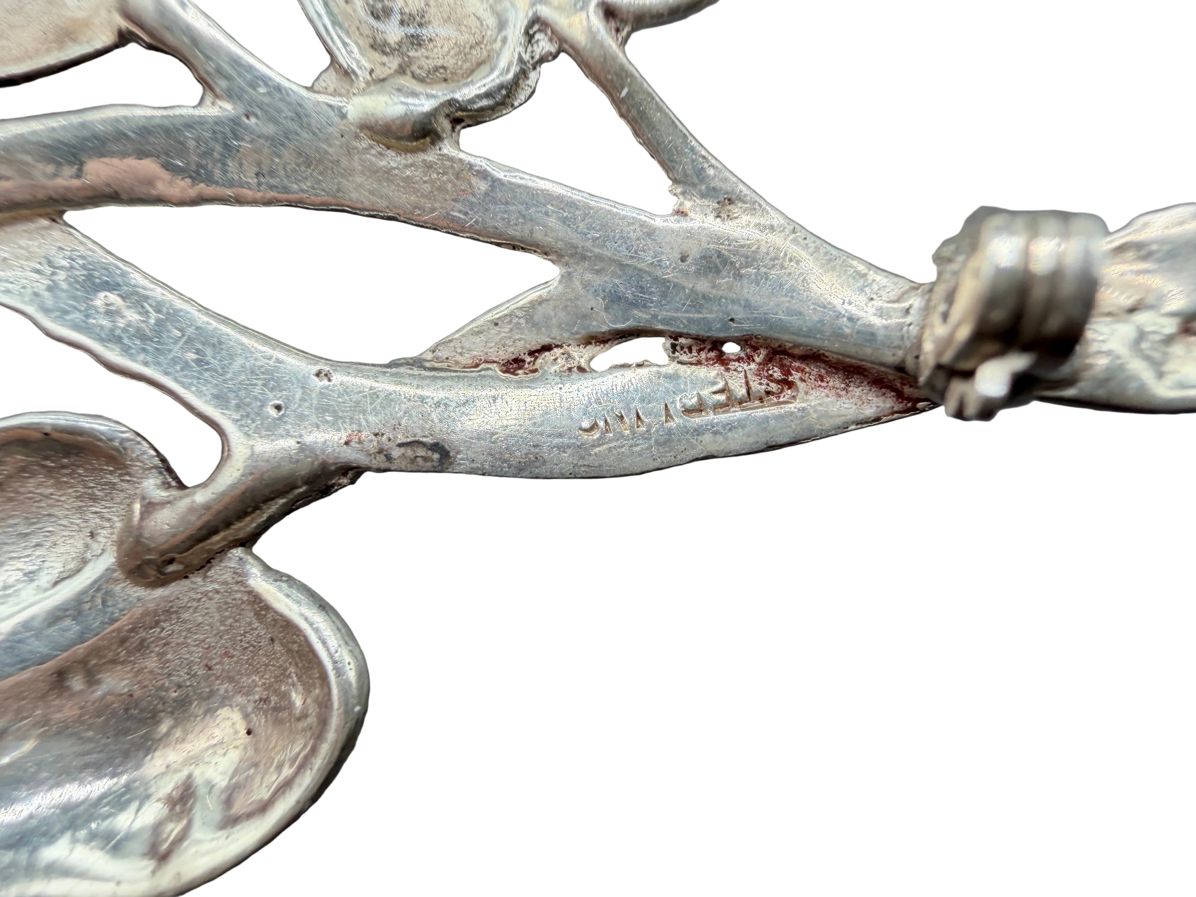 1950s Sterling Silver Flower Brooch with Stem & Leaves