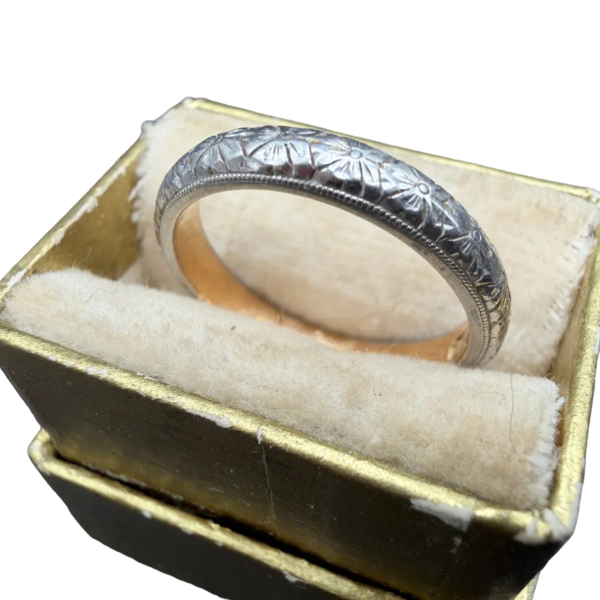 Circa 1902 John Wanamaker Platinum & 18K Gold Engraved Edwardian Wedding Band