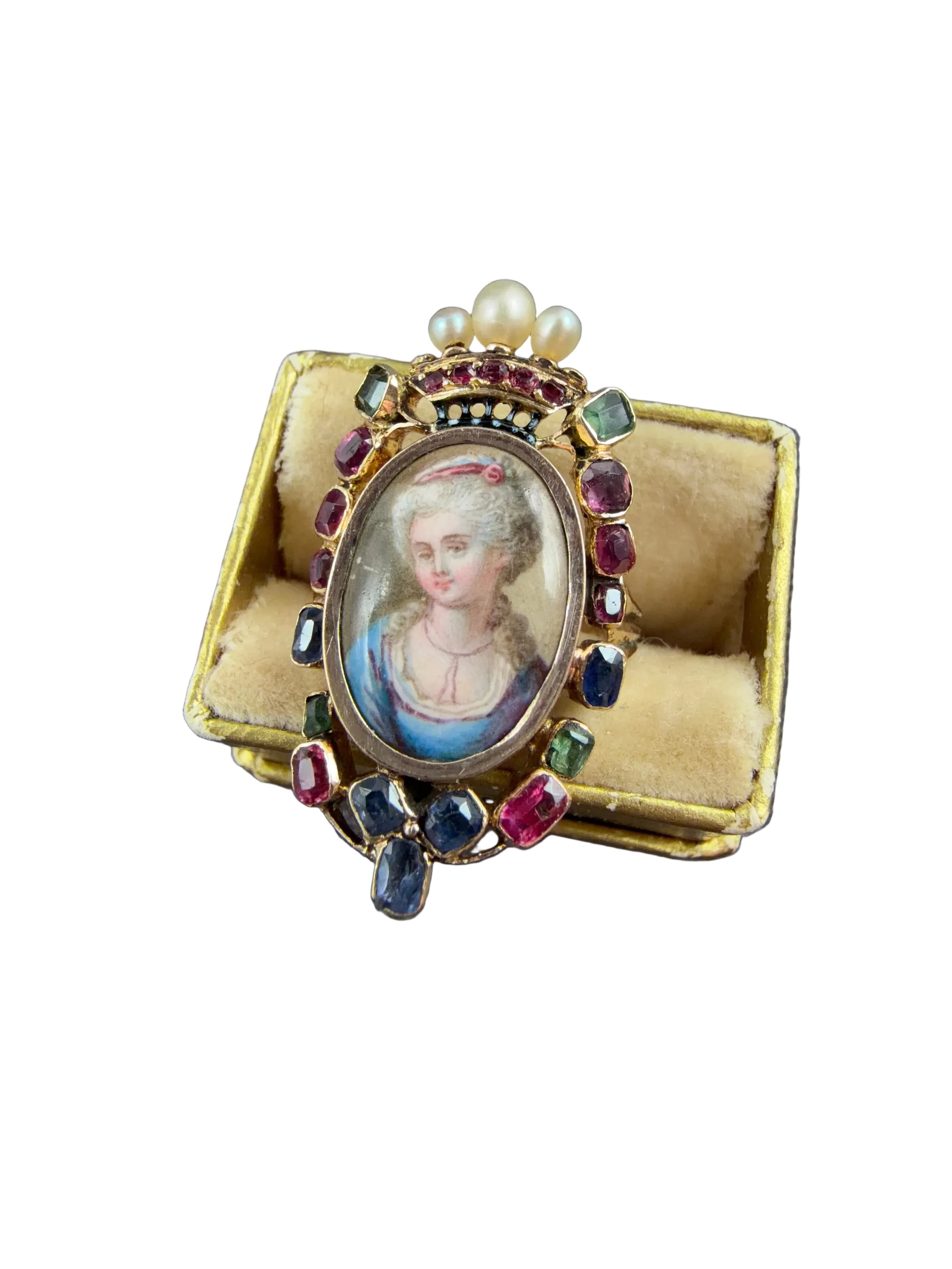 19th Century 18K Gold Louis XVI Revival “Marie Antoinette” Portrait Ring with Rubies, Sapphires, Tourmaline & Seed Pearls