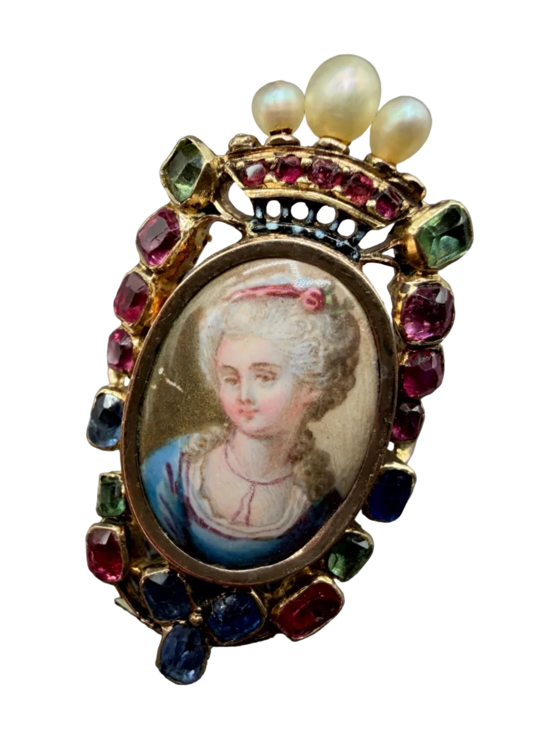 19th Century 18K Gold Louis XVI Revival “Marie Antoinette” Portrait Ring with Rubies, Sapphires, Tourmaline & Seed Pearls