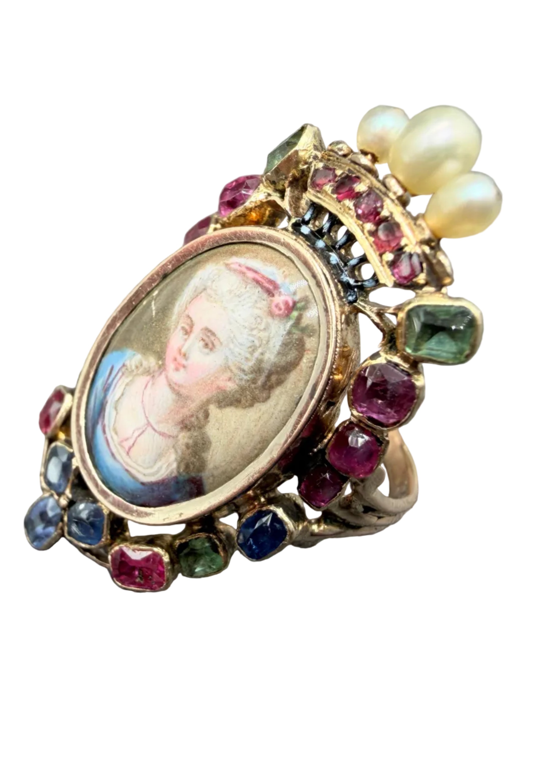 19th Century 18K Gold Louis XVI Revival “Marie Antoinette” Portrait Ring with Rubies, Sapphires, Tourmaline & Seed Pearls