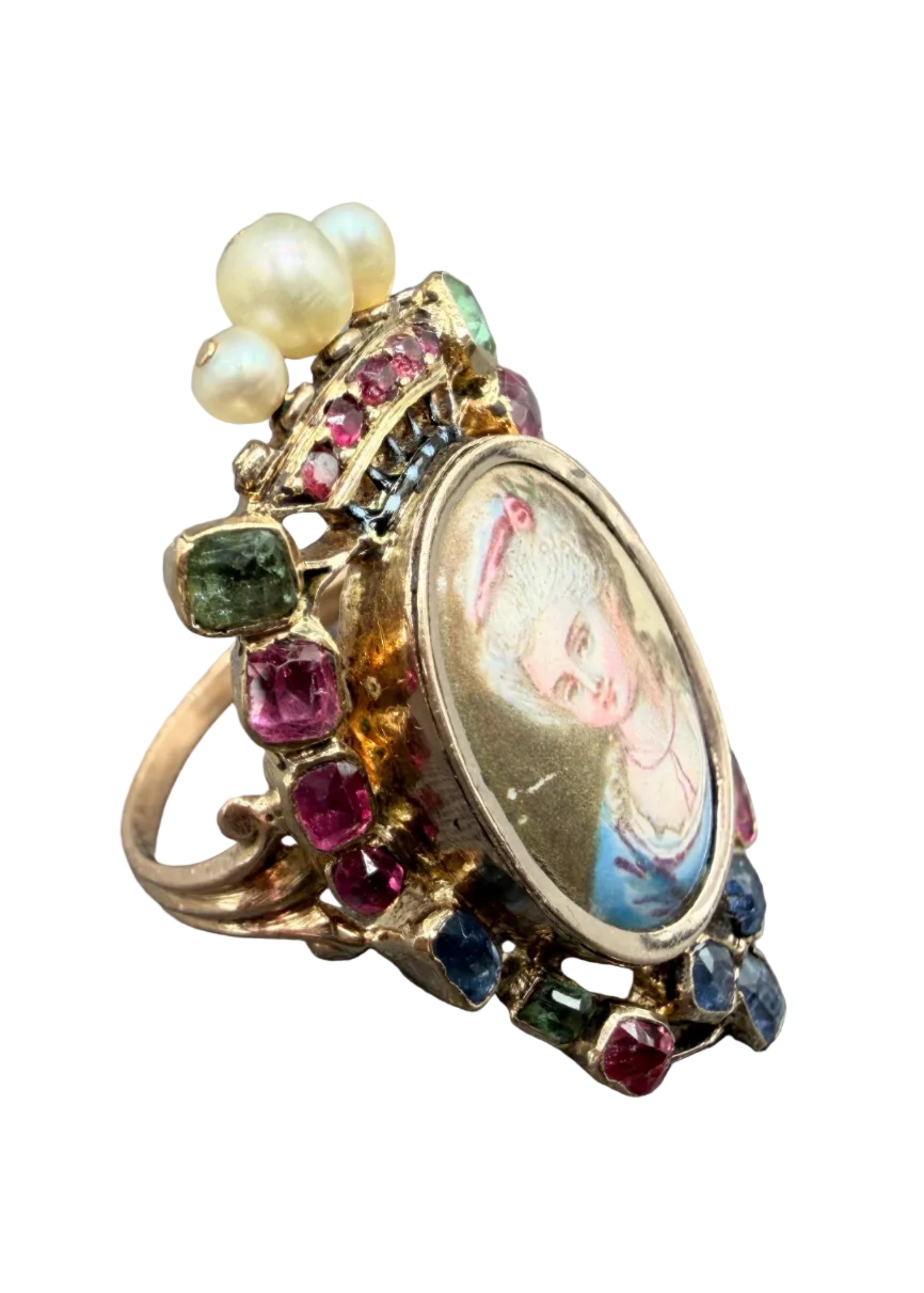 19th Century 18K Gold Louis XVI Revival “Marie Antoinette” Portrait Ring with Rubies, Sapphires, Tourmaline & Seed Pearls