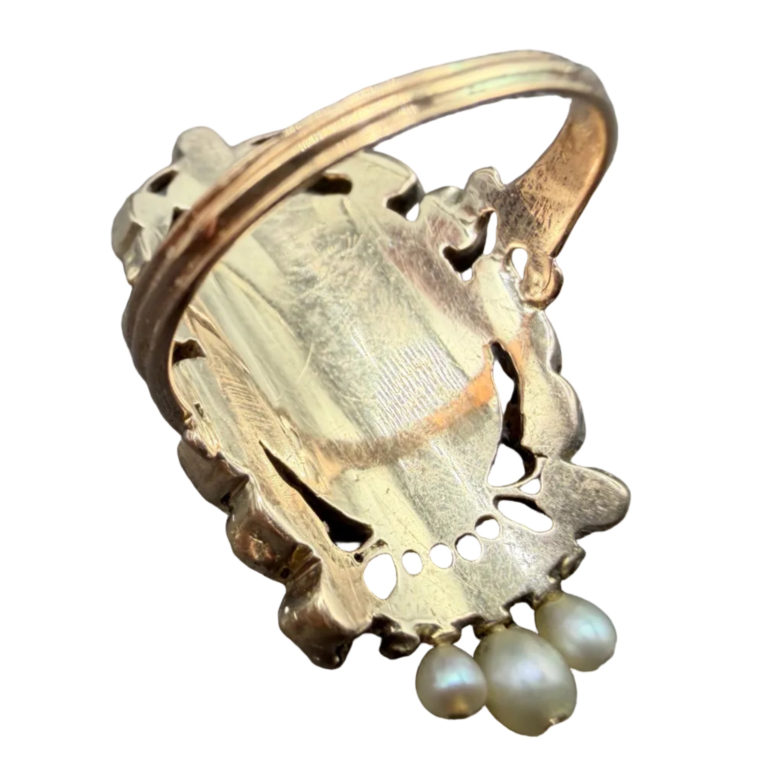 19th Century 18K Gold Louis XVI Revival “Marie Antoinette” Portrait Ring with Rubies, Sapphires, Tourmaline & Seed Pearls