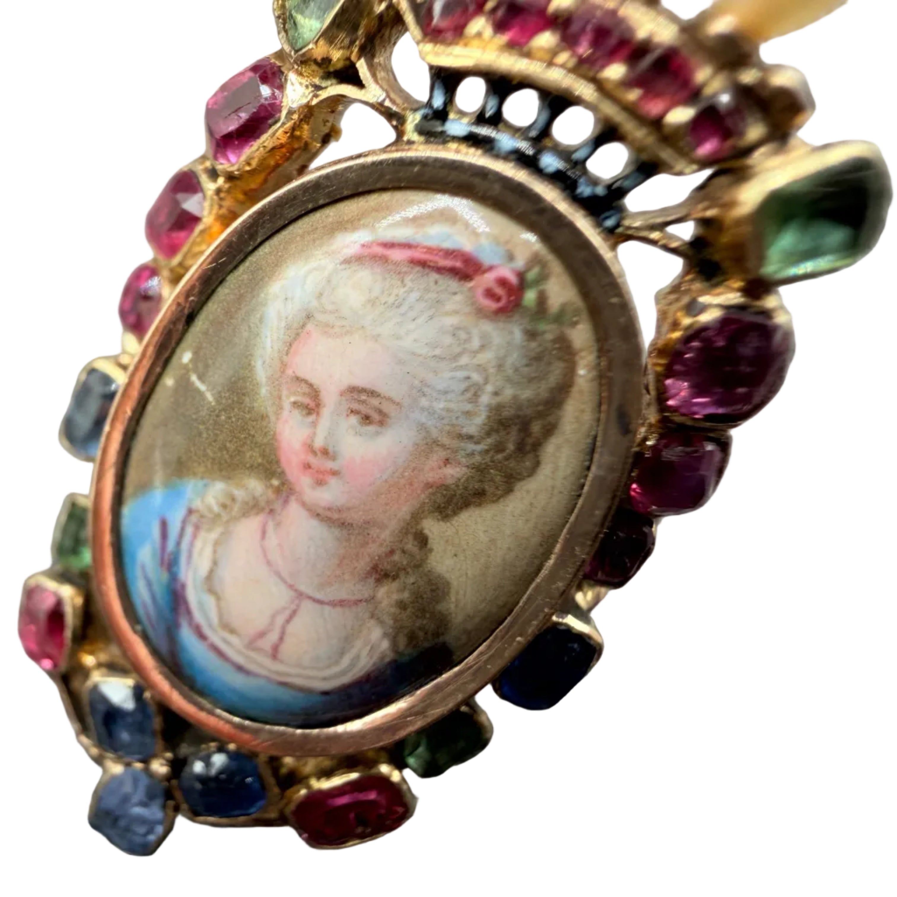 19th Century 18K Gold Louis XVI Revival “Marie Antoinette” Portrait Ring with Rubies, Sapphires, Tourmaline & Seed Pearls