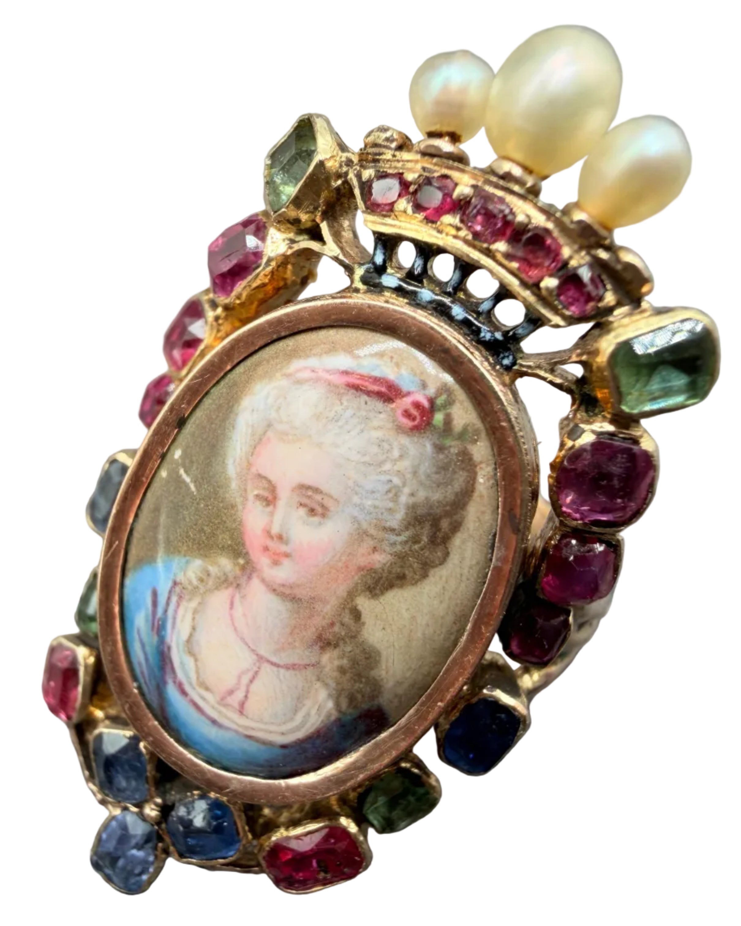 19th Century 18K Gold Louis XVI Revival “Marie Antoinette” Portrait Ring with Rubies, Sapphires, Tourmaline & Seed Pearls